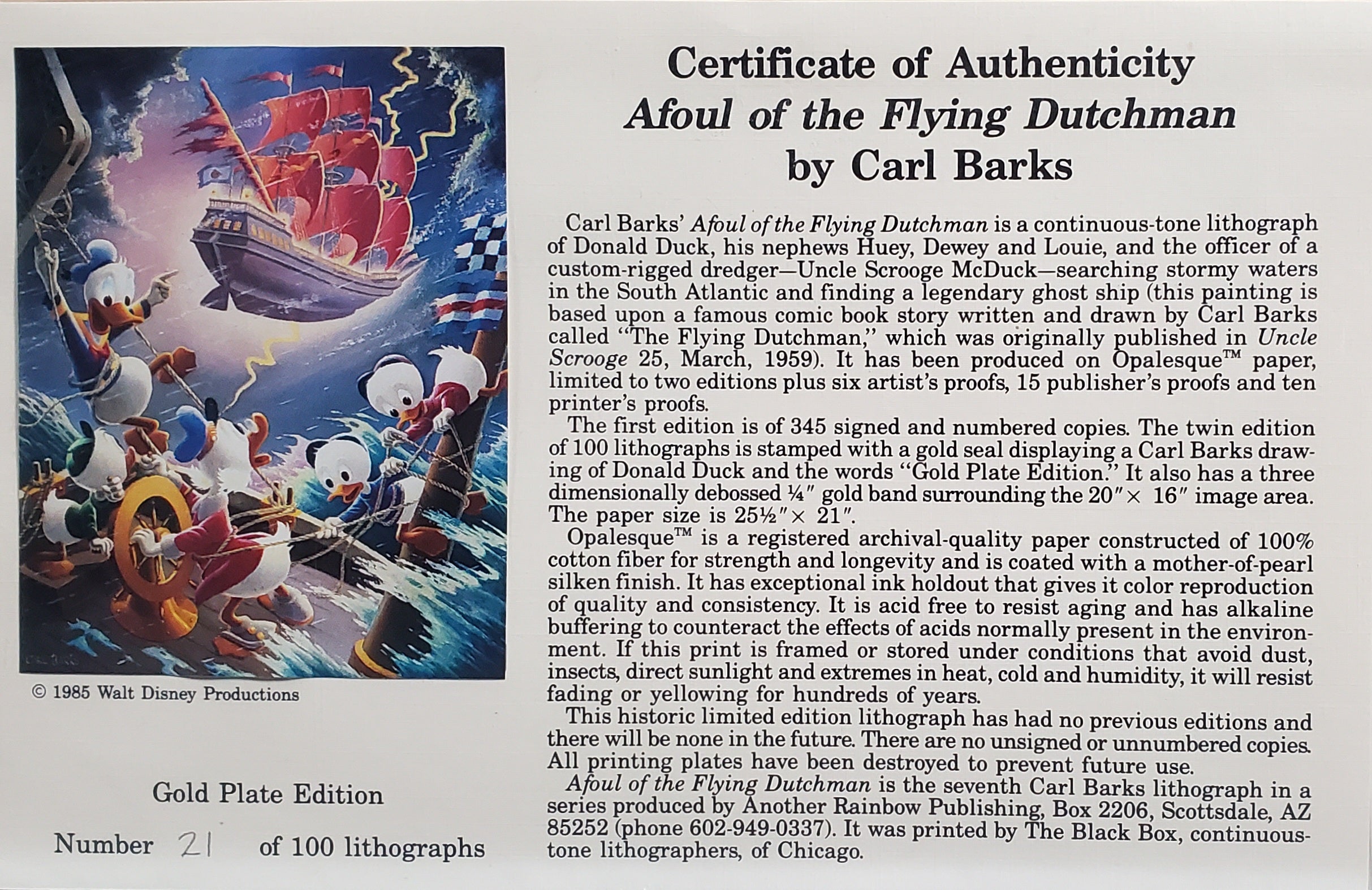 Donald Duck and Uncle Scrooge Afoul The Flying Dutchman Carl Barks Signed Gold Plate Edition