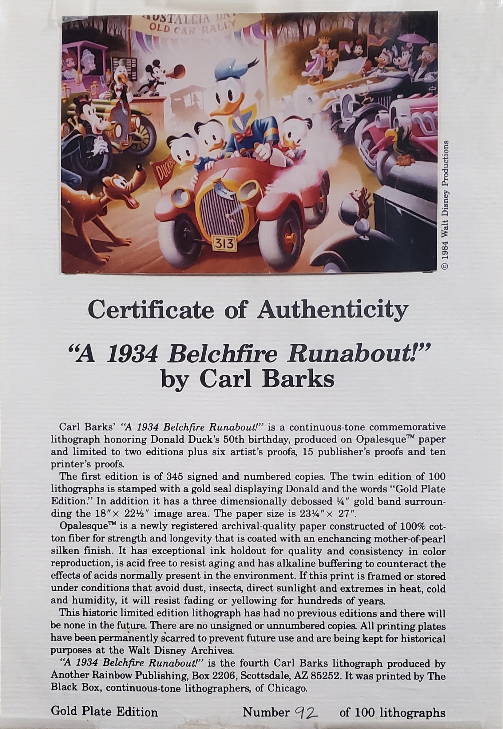 Donald Duck A 1934 Belchfire Runabout! Carl Barks Signed Gold Plate Edition