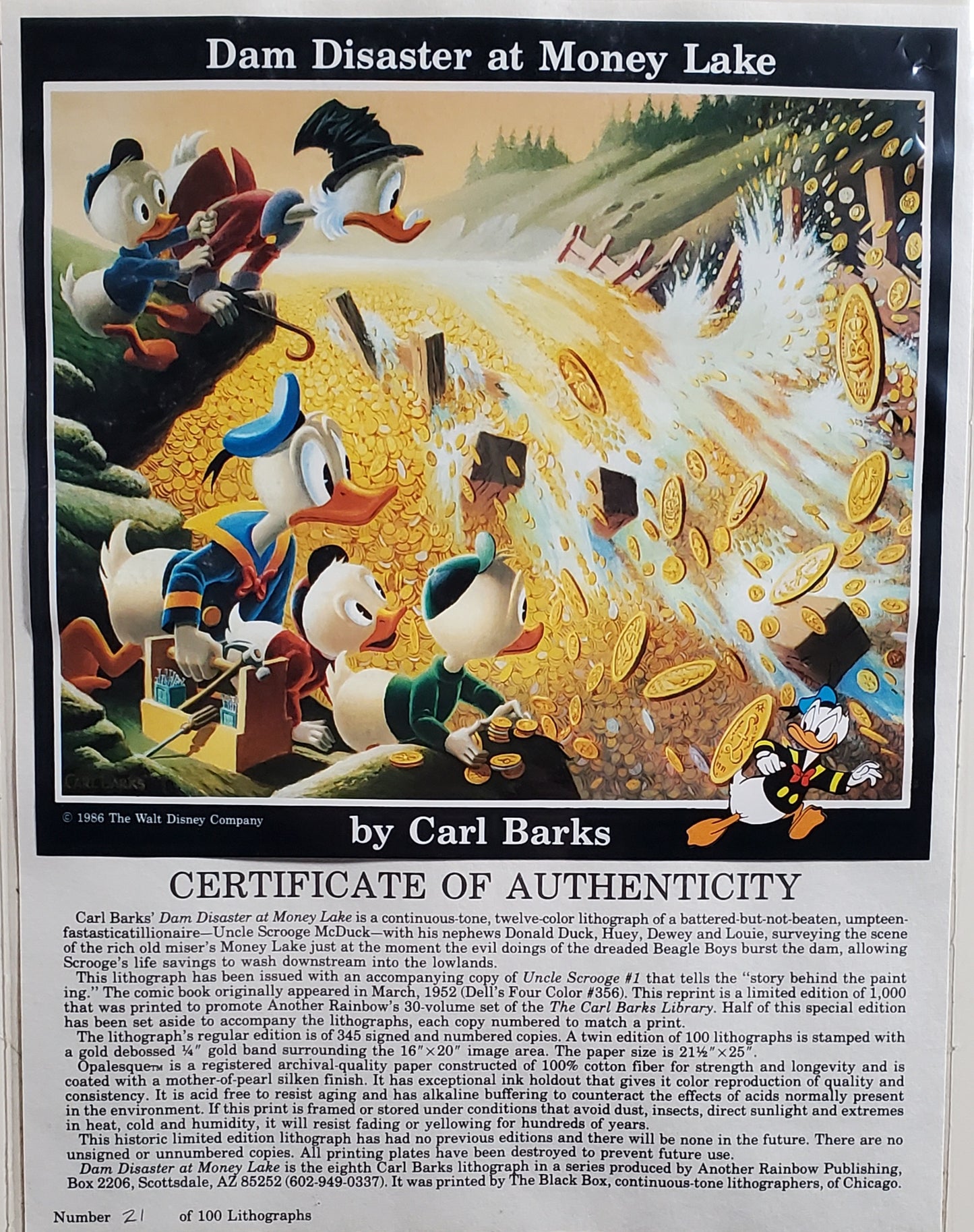 Dam Disaster At Money Lake Carl Barks Signed Gold Plate Edition