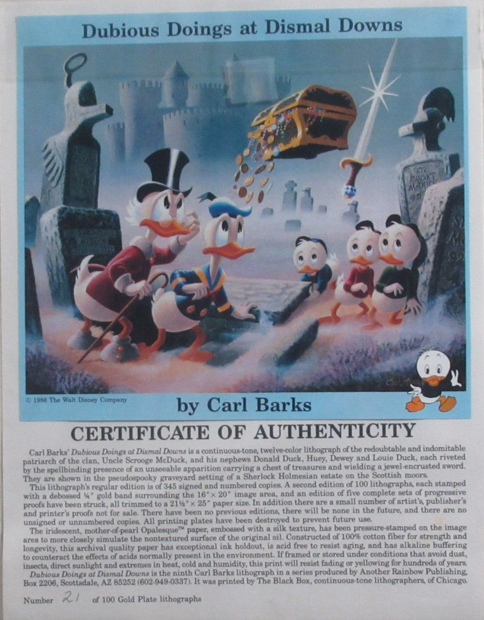 Donald Duck and Uncle Scrooge Dubious Doings At Dismal Downs Carl Barks Signed Gold Plate Edition