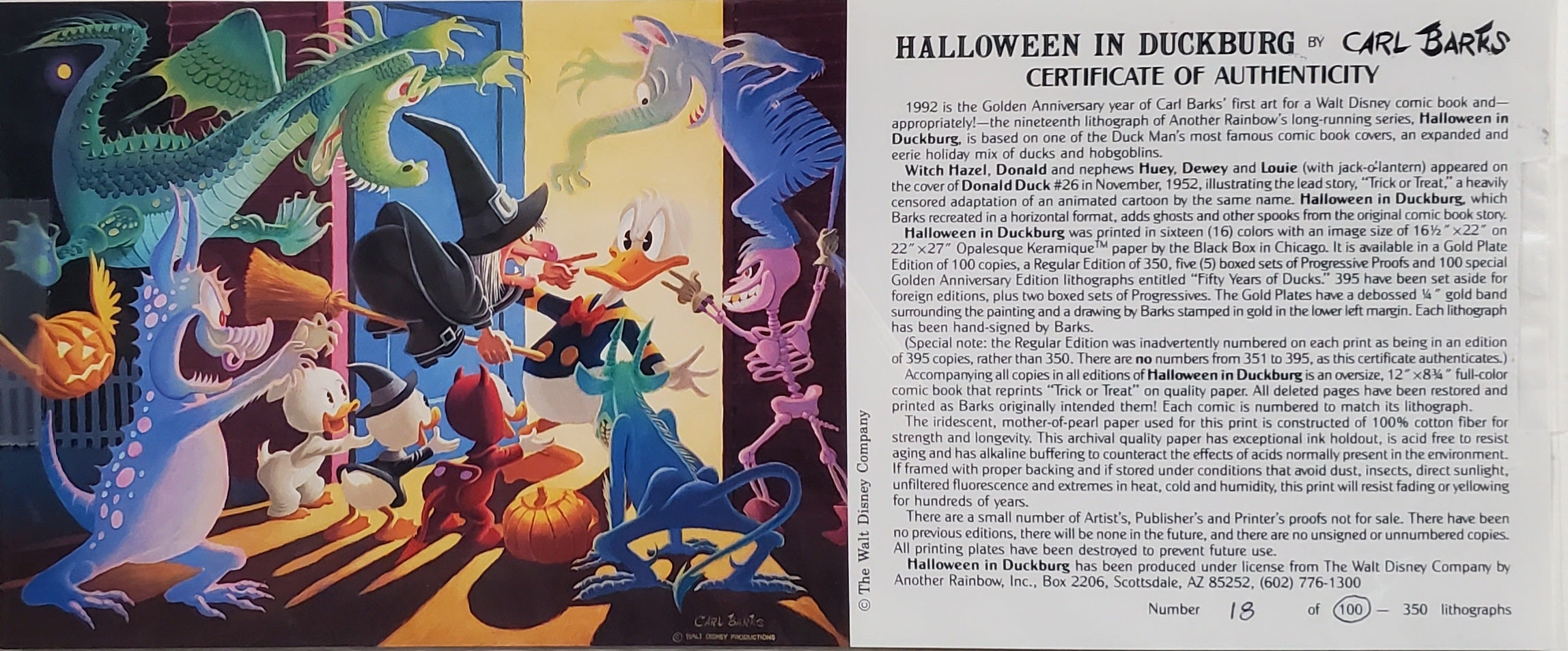 Donald Duck Halloween In Duckburg Carl Barks Signed Gold Plate Edition