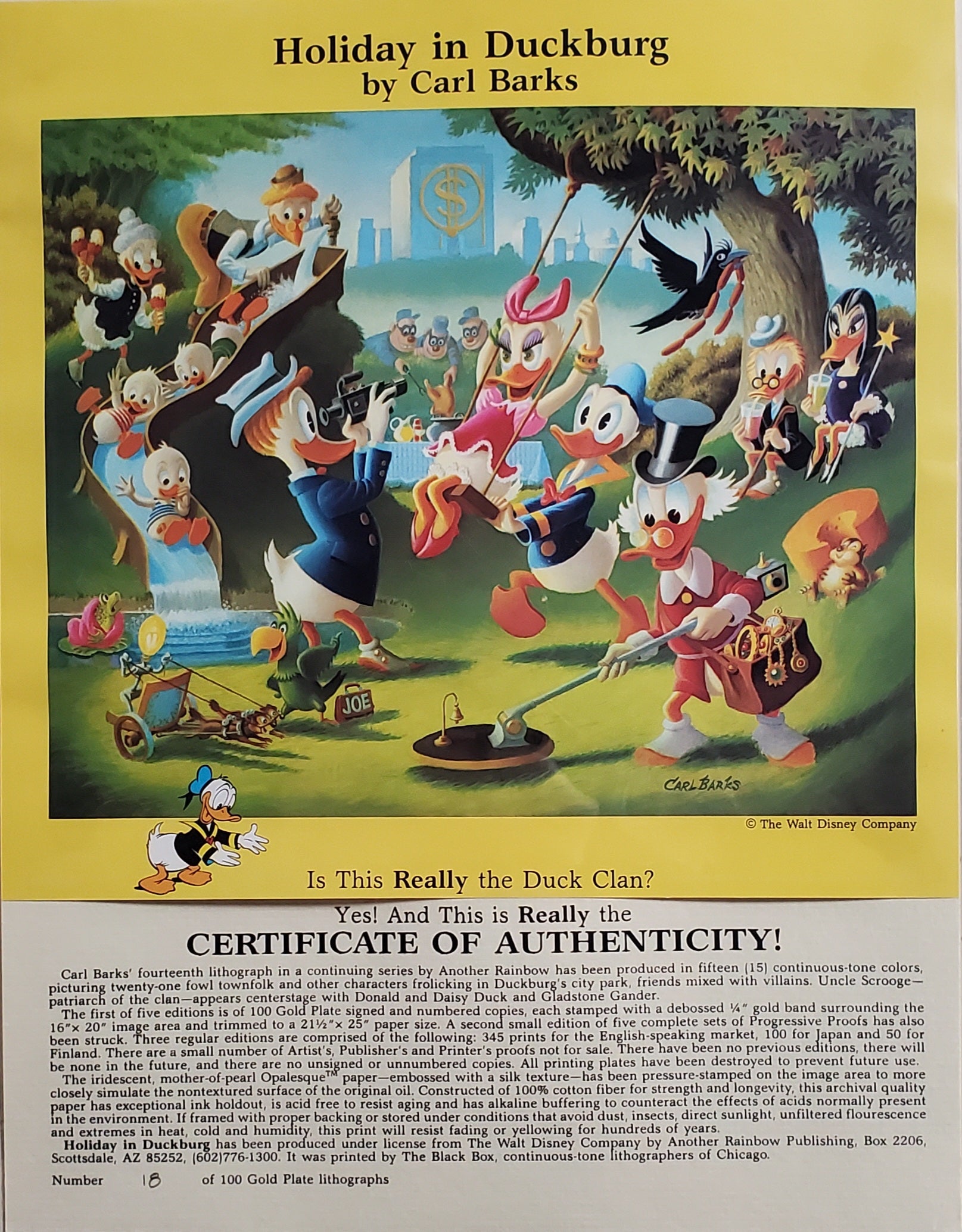 Donald Duck and Uncle Scrooge Holiday In Duckburg Carl Barks Signed Gold Plate Edition