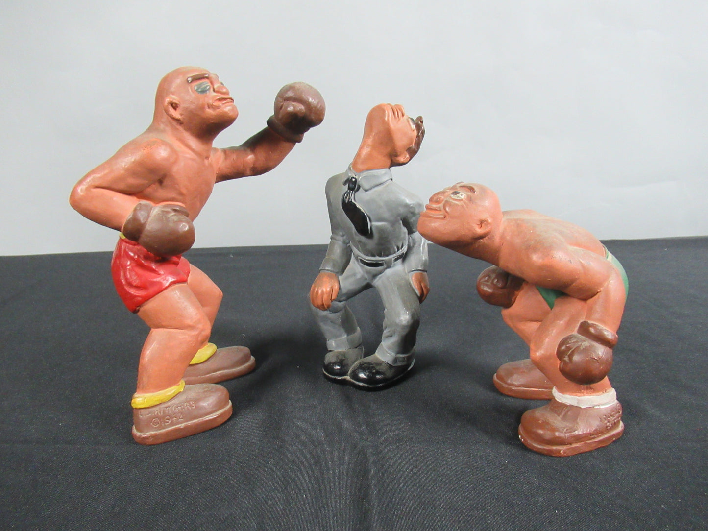 VINTAGE Boxing Figure Trio Set - L. L. Rittgers (c. 1940s) Collectible Sport Chalkware Statuettes