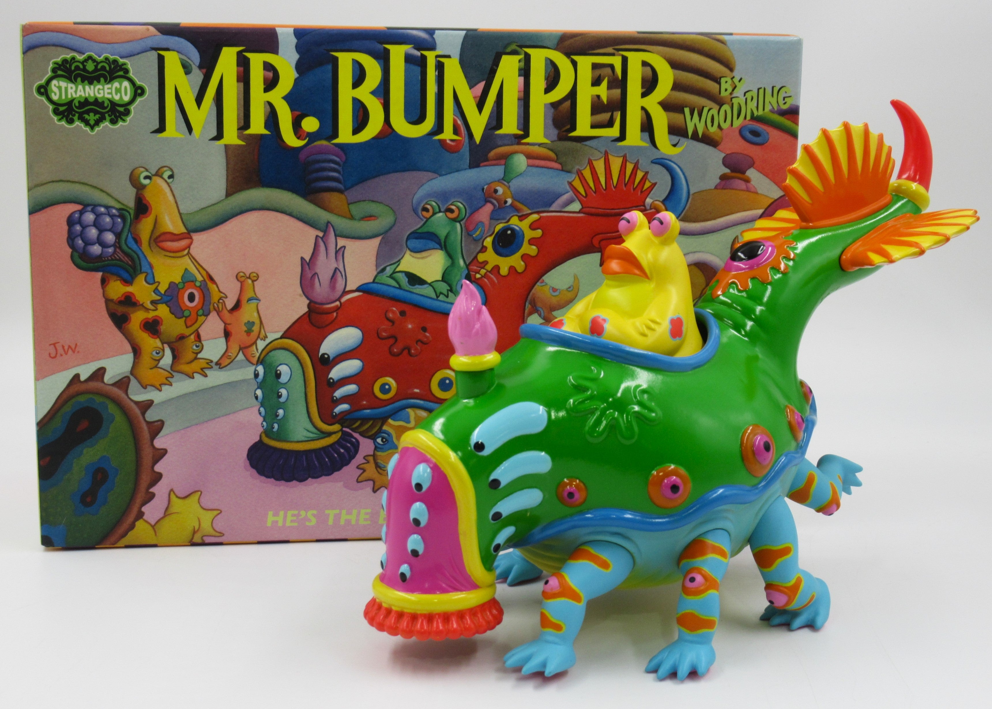 JIM WOODRING Mr. Bumper Vinyl Figure Green/Yellow Variant - StrangeCo (2006) Art Toy