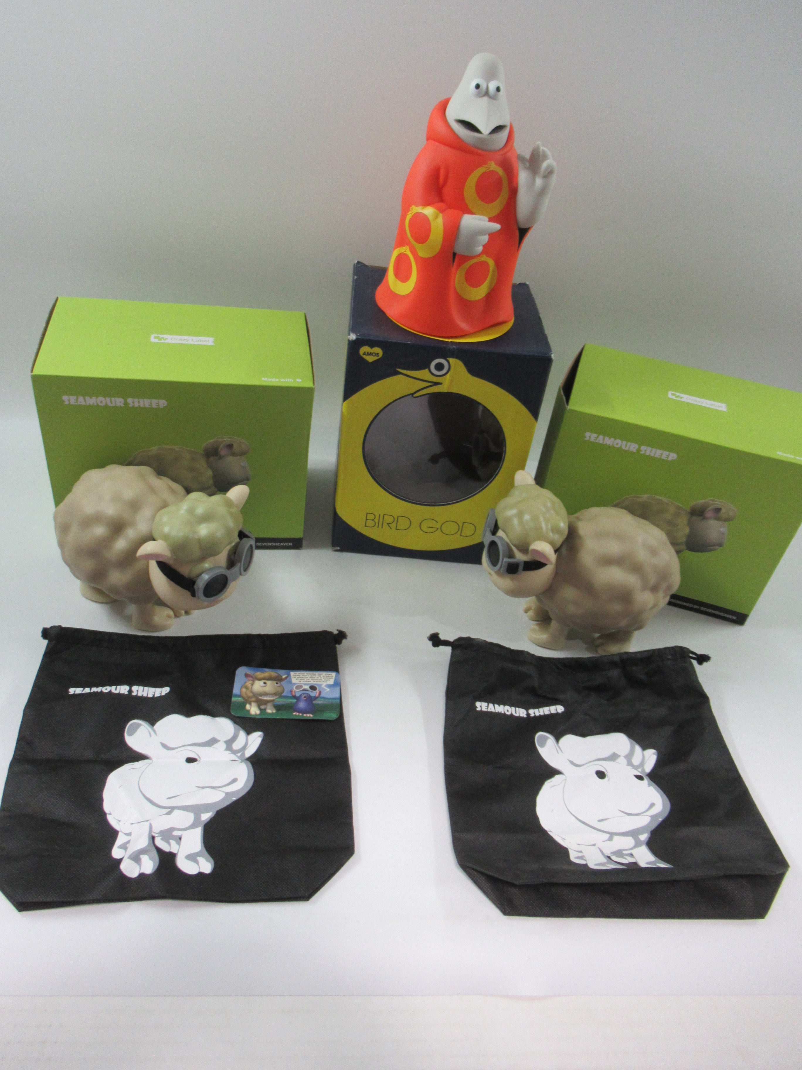 ASSORTED Bird God & Seamour Sheep Vinyl Figures - Amos & Crazy Label (2000s) Designer Art Toys