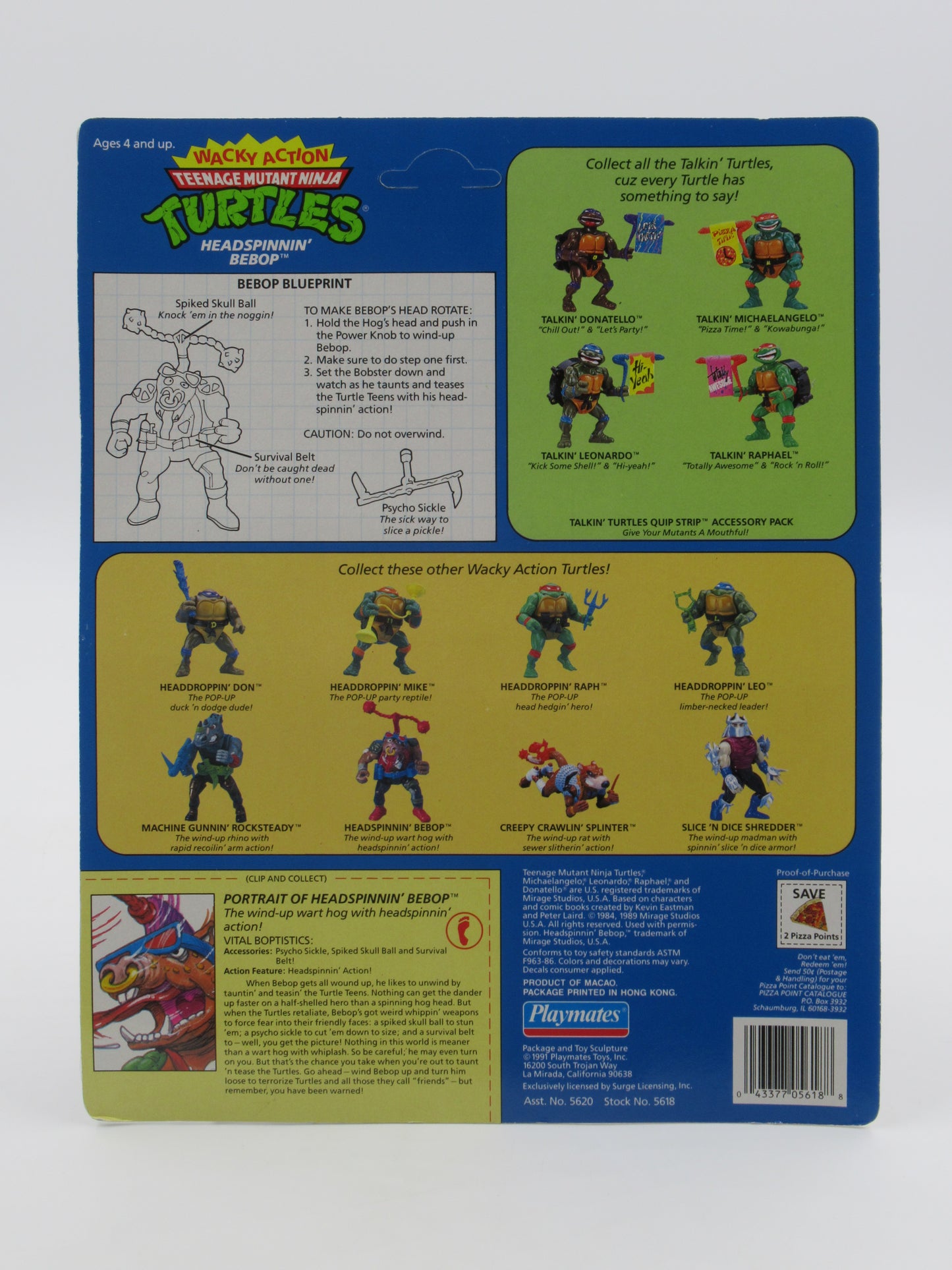 TMNT Headspinnin' Bebop Wacky Action 4.5" Figure Teenage Mutant Ninja Turtles - Playmates (1991)