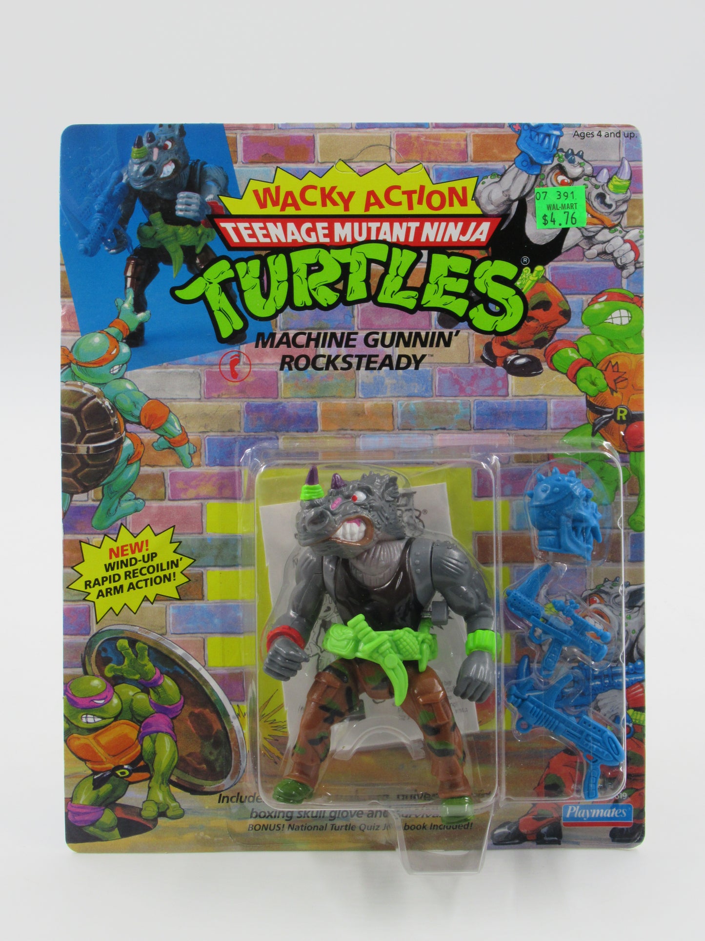 TMNT Machine Gunnin' Rocksteady Wacky Action 4.5" Figure Teenage Mutant Ninja Turtles - Playmates (1991)