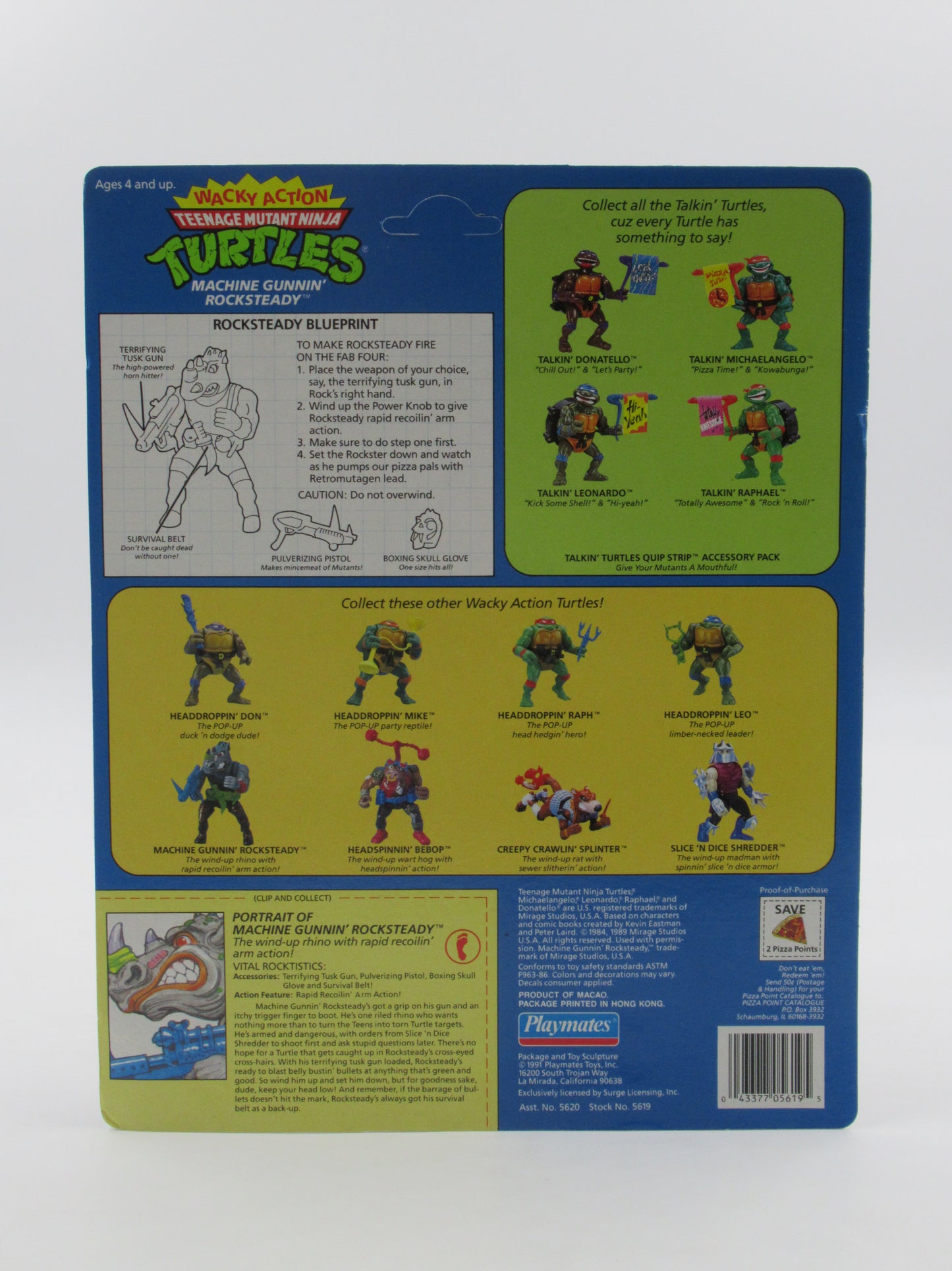 TMNT Machine Gunnin' Rocksteady Wacky Action 4.5" Figure Teenage Mutant Ninja Turtles - Playmates (1991)