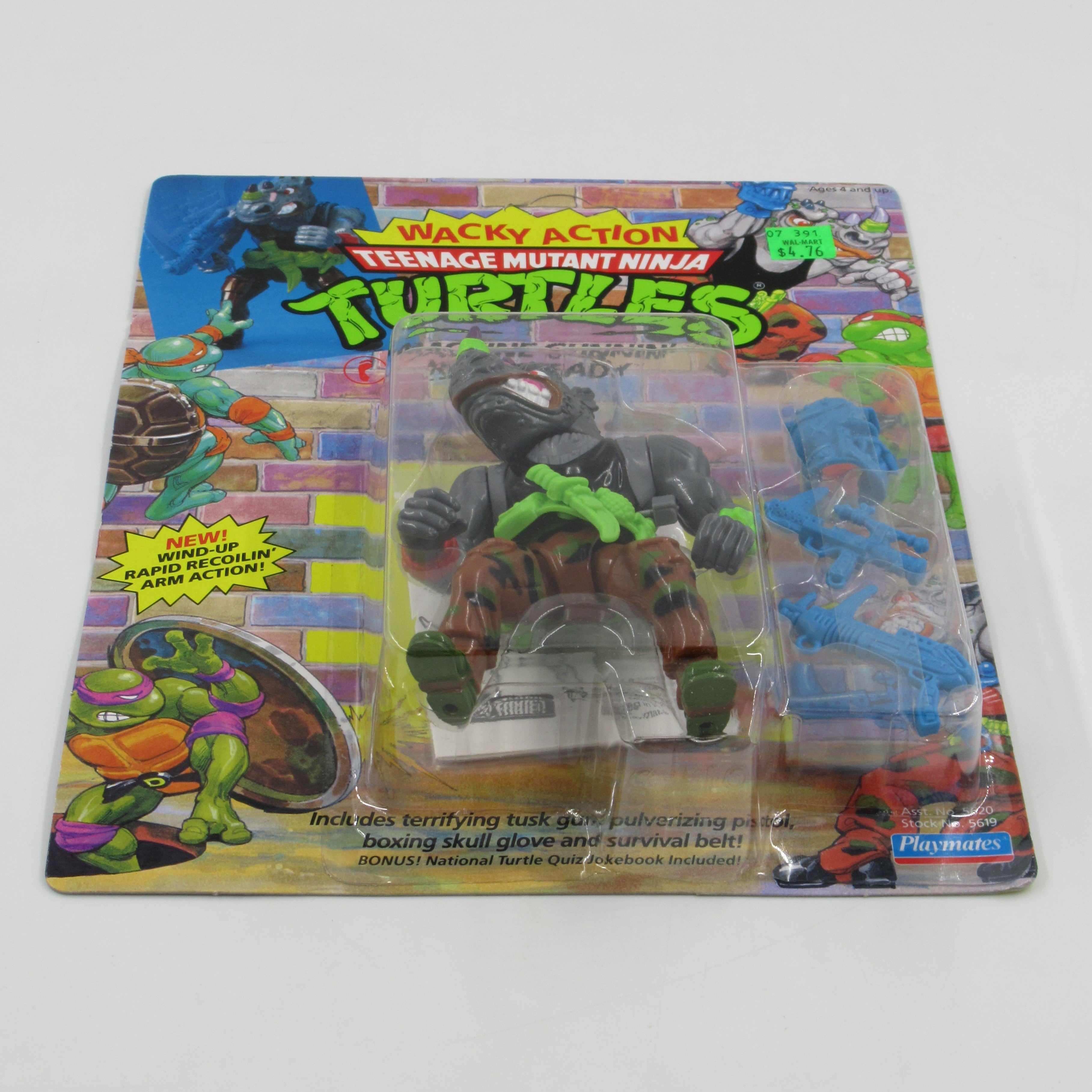 Teenage Mutant Ninja Turtles Machine Gunnin' Rocksteady Wacky Action 4.5" Figure TMNTs - Playmates (1991)