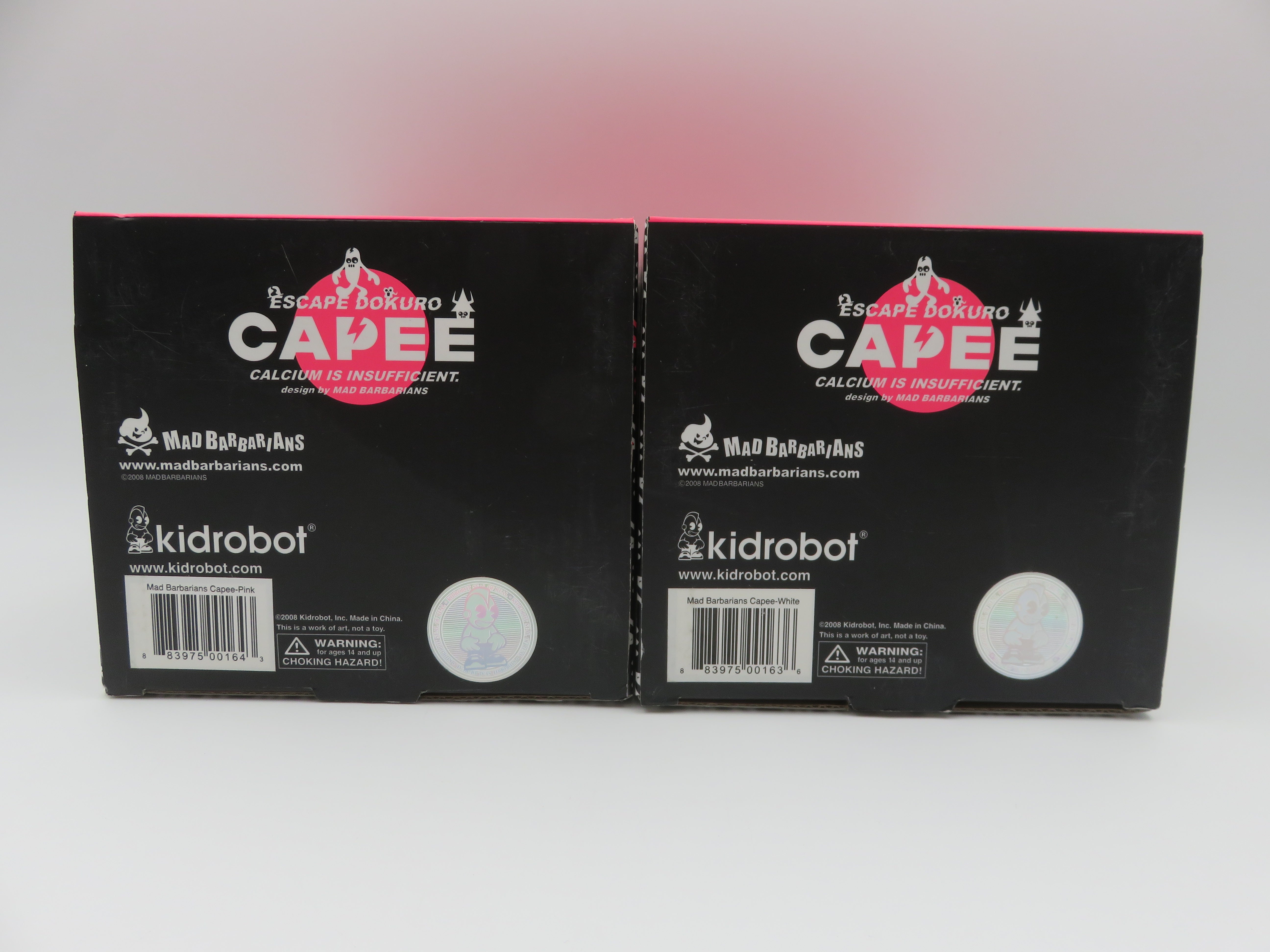 ESCAPE DOKURO Capee Pink & White Flocked Vinyl Figures - Mad Barbarians x Kidrobot (2008) Designer Art Toy