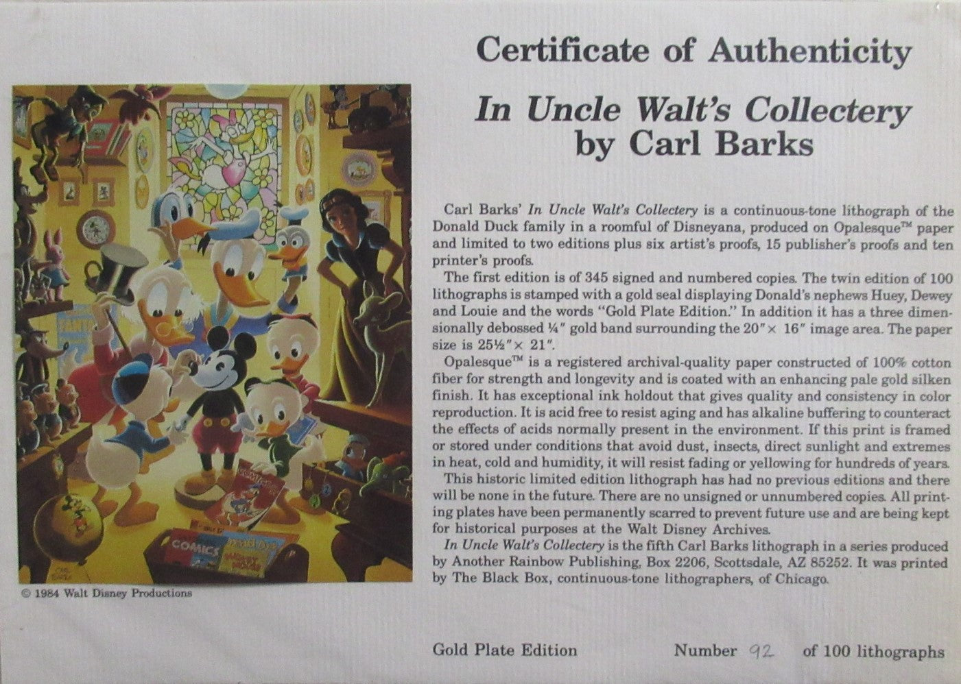 Donald Duck and Uncle Scrooge In Uncle Walt's Collectory Carl Barks Signed Gold Plate Edition