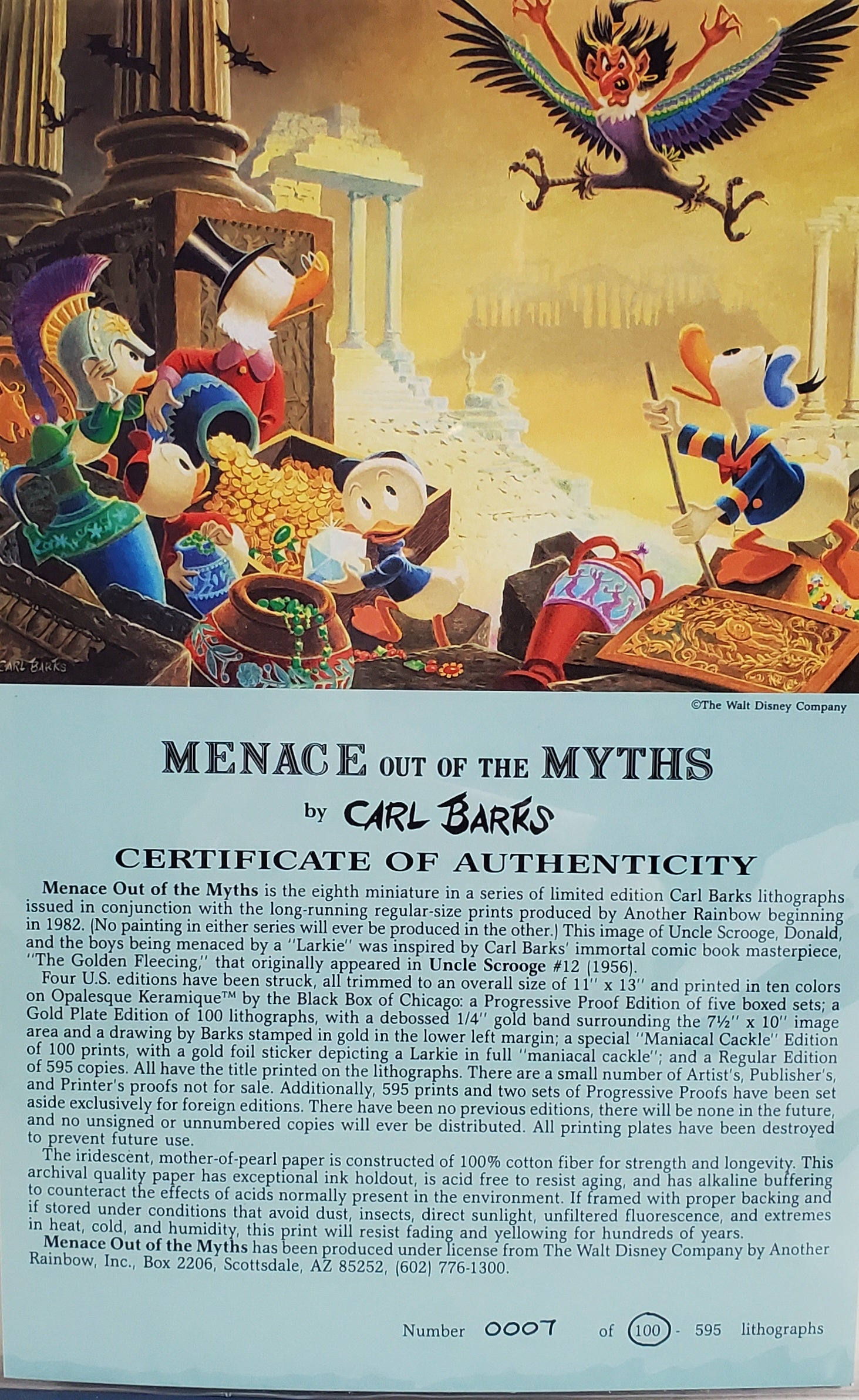 Donald Duck and Uncle Scrooge Menace Out Of The Myths Carl Barks Signed Gold Plate Edition