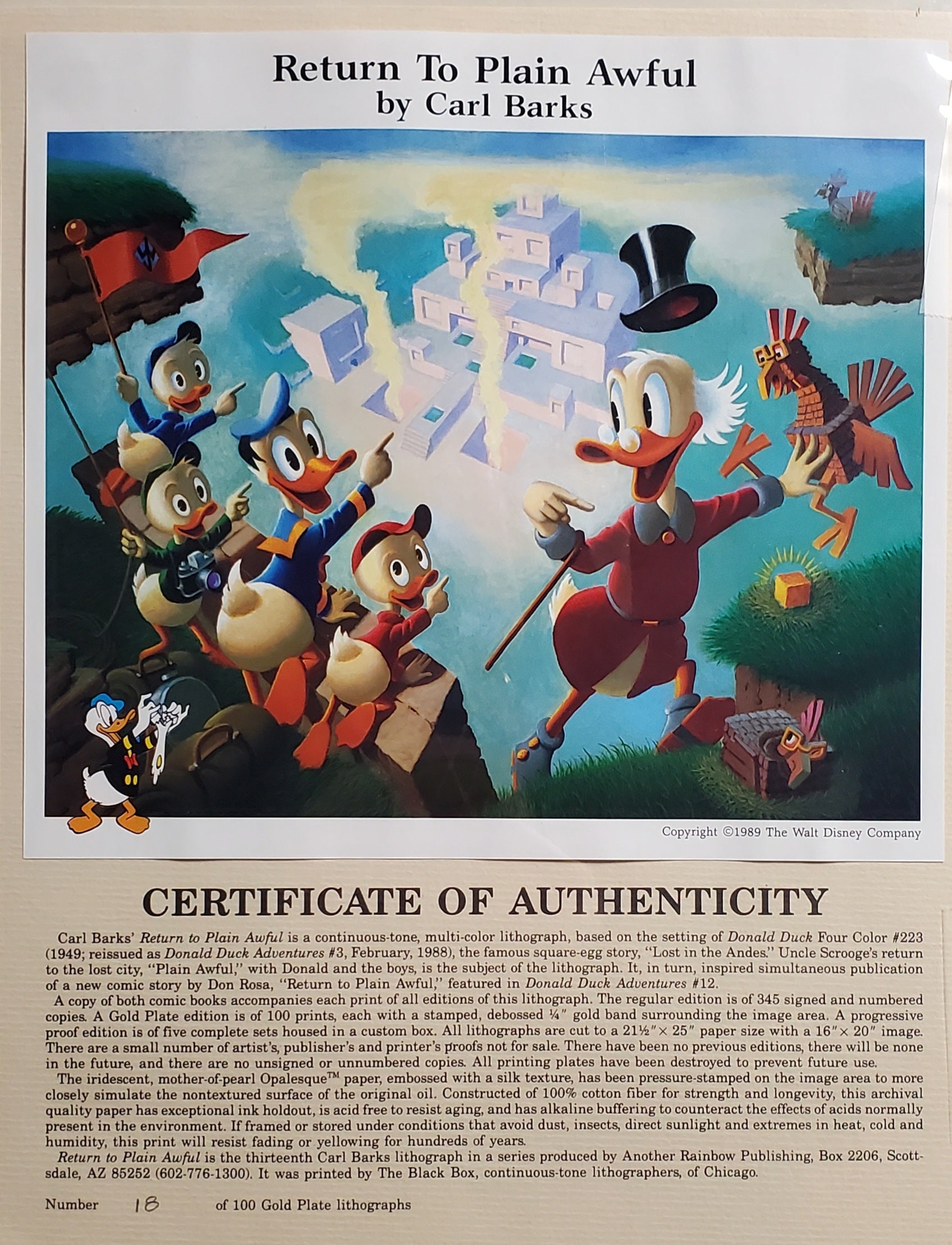 Donald Duck and Uncle Scrooge Return To Plain Awful Carl Barks Signed Gold Plate Edition