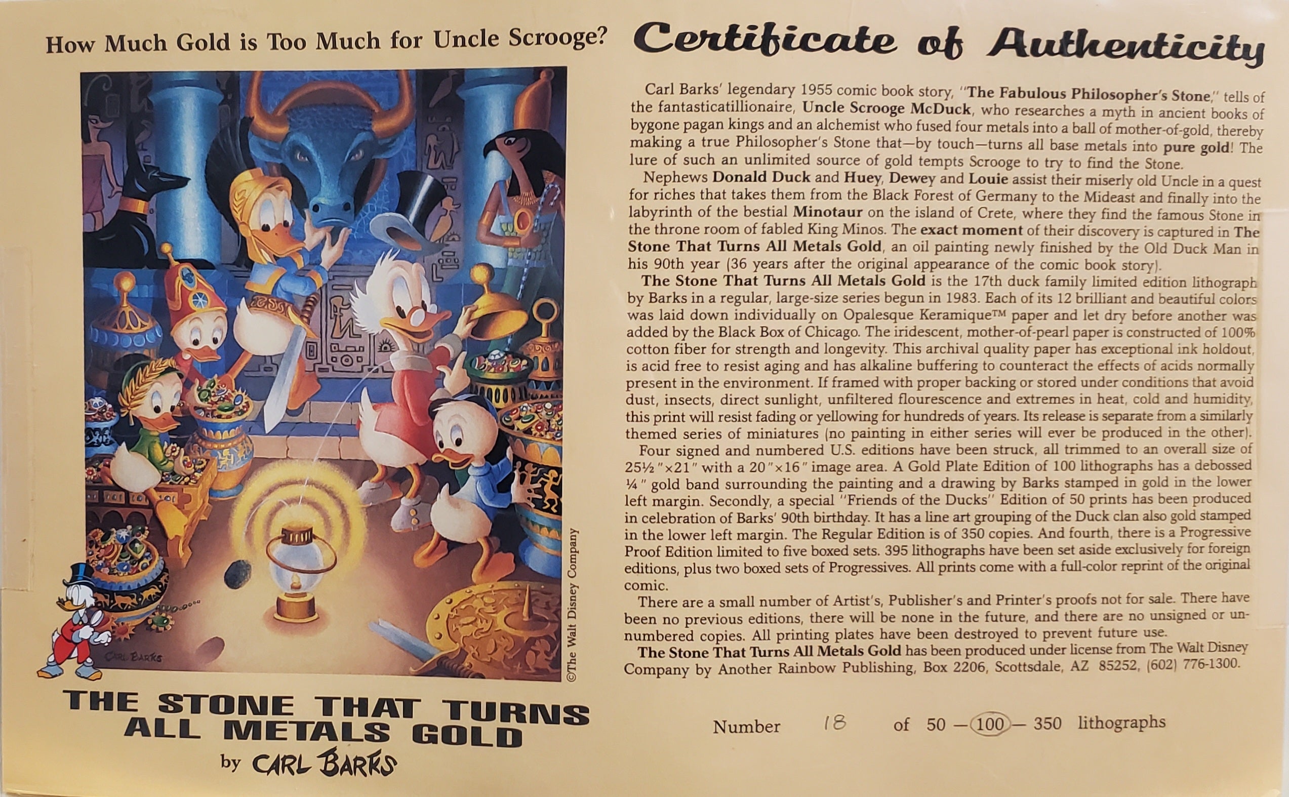 Donald Duck and Uncle Scrooge Stone That Turns All Metals Gold Carl Barks Signed Gold Plate Edition