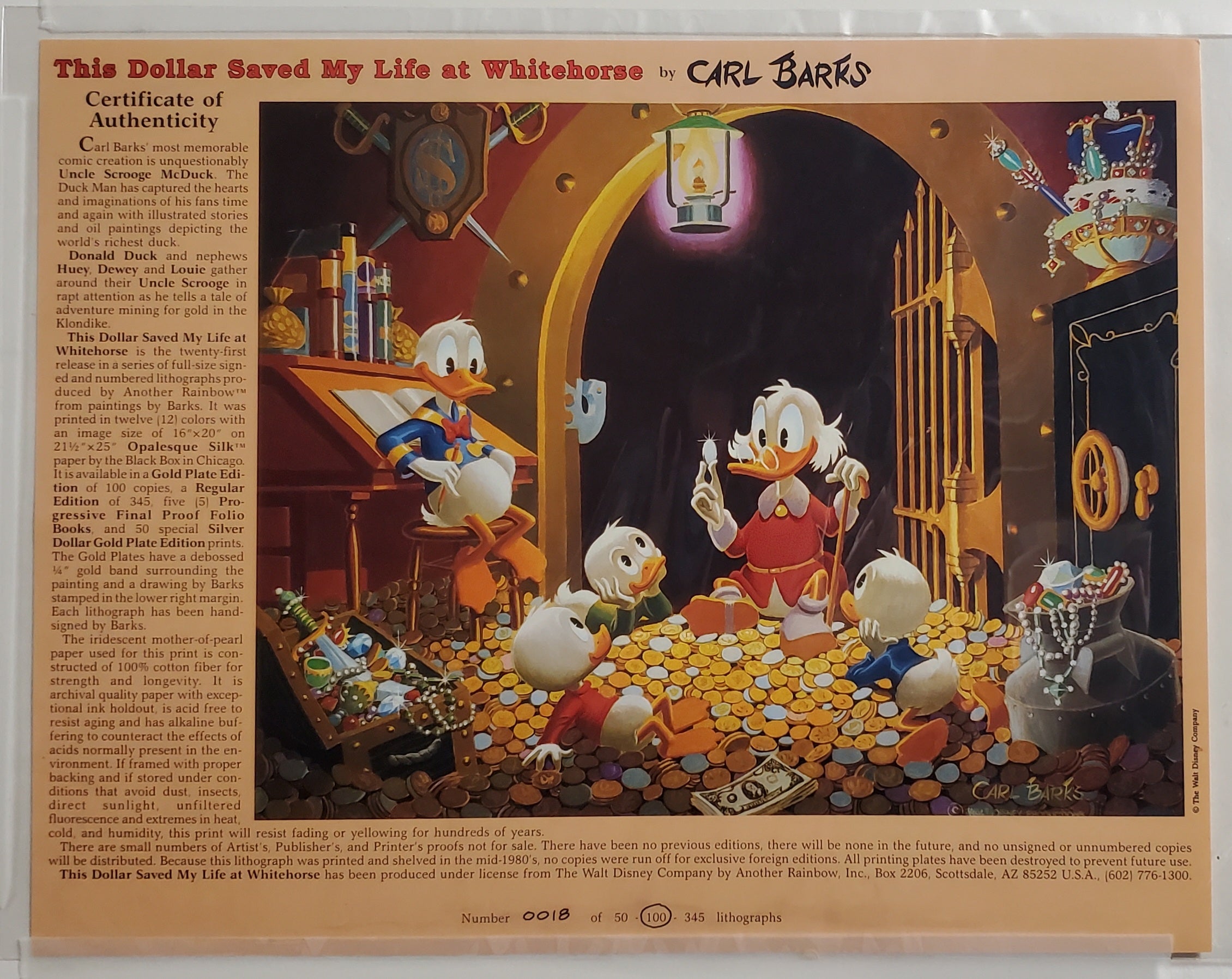 Donald Duck and Uncle Scrooge This Dollar Saved My Life At Whitehorse Carl Barks Signed Gold Plate Edition