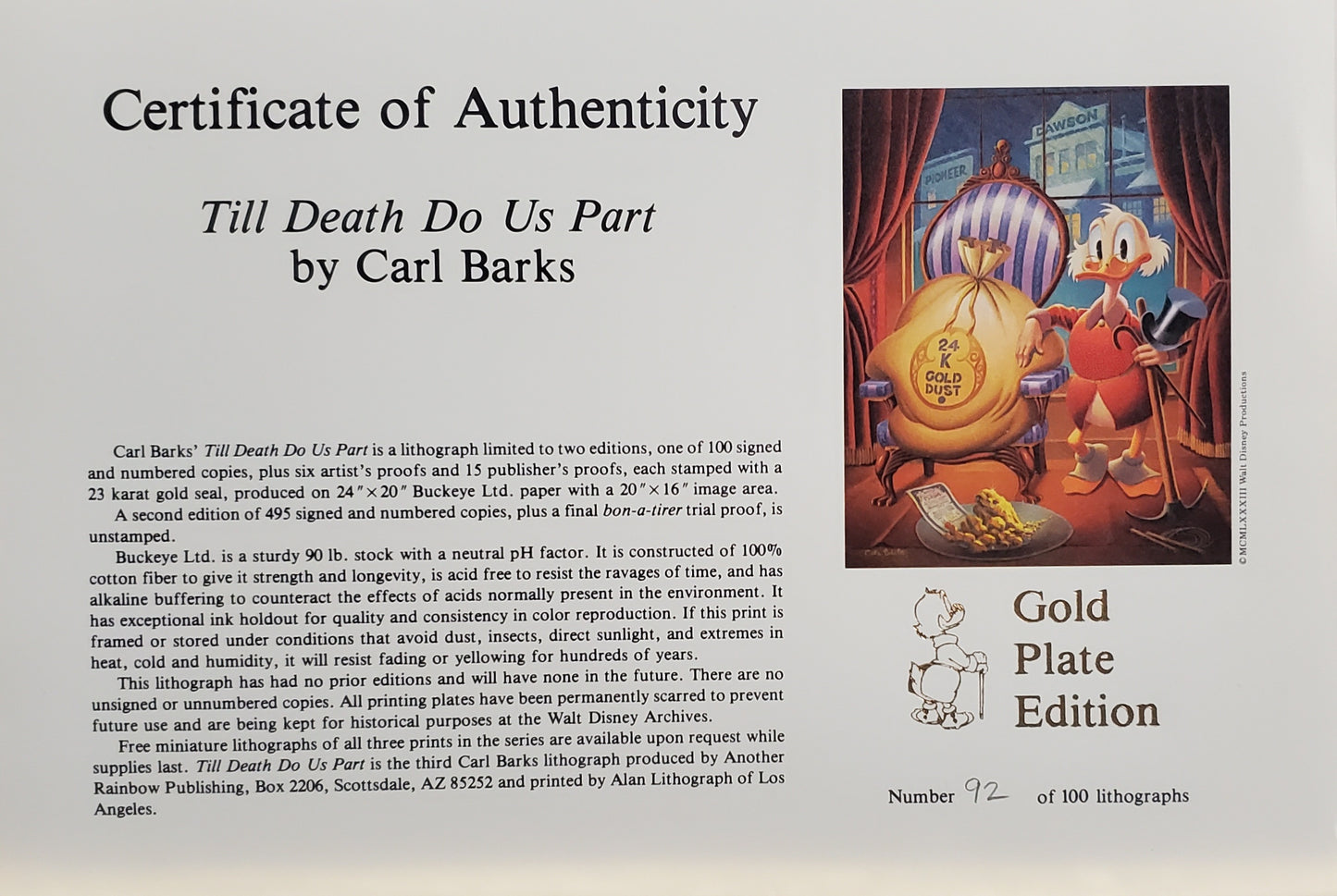 Uncle Scrooge Till Death Do Us Part Carl Barks Signed Gold Plate Edition