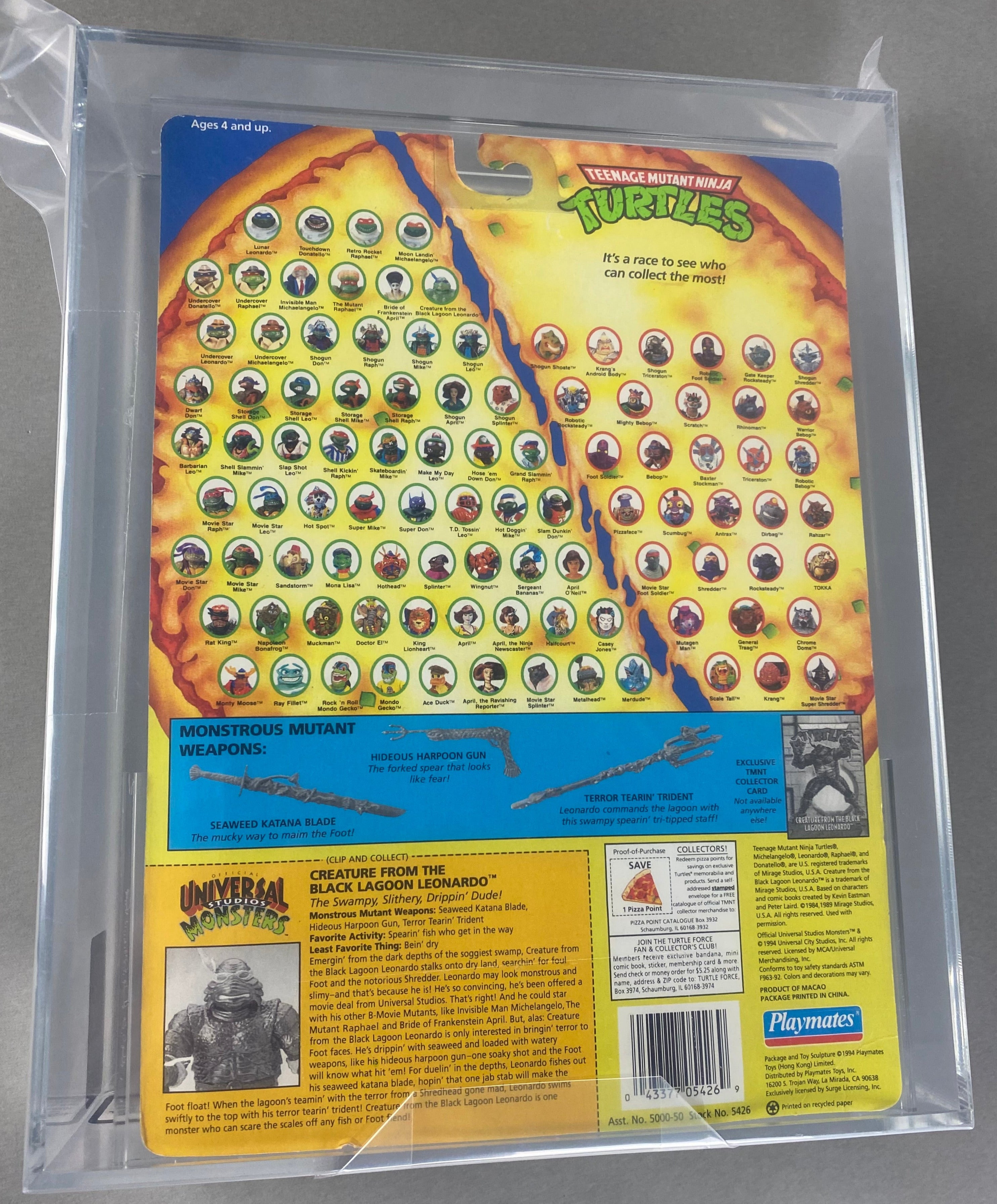 A graded Teenage Mutant Ninja Turtles action figure. Leonardo as Universal Monsters Creature From the Black Lagoon AFA 75+. Back facing.