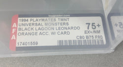 A graded Teenage Mutant Ninja Turtles action figure. Leonardo as Universal Monsters Creature From the Black Lagoon AFA 75+.  Label photo close-up.