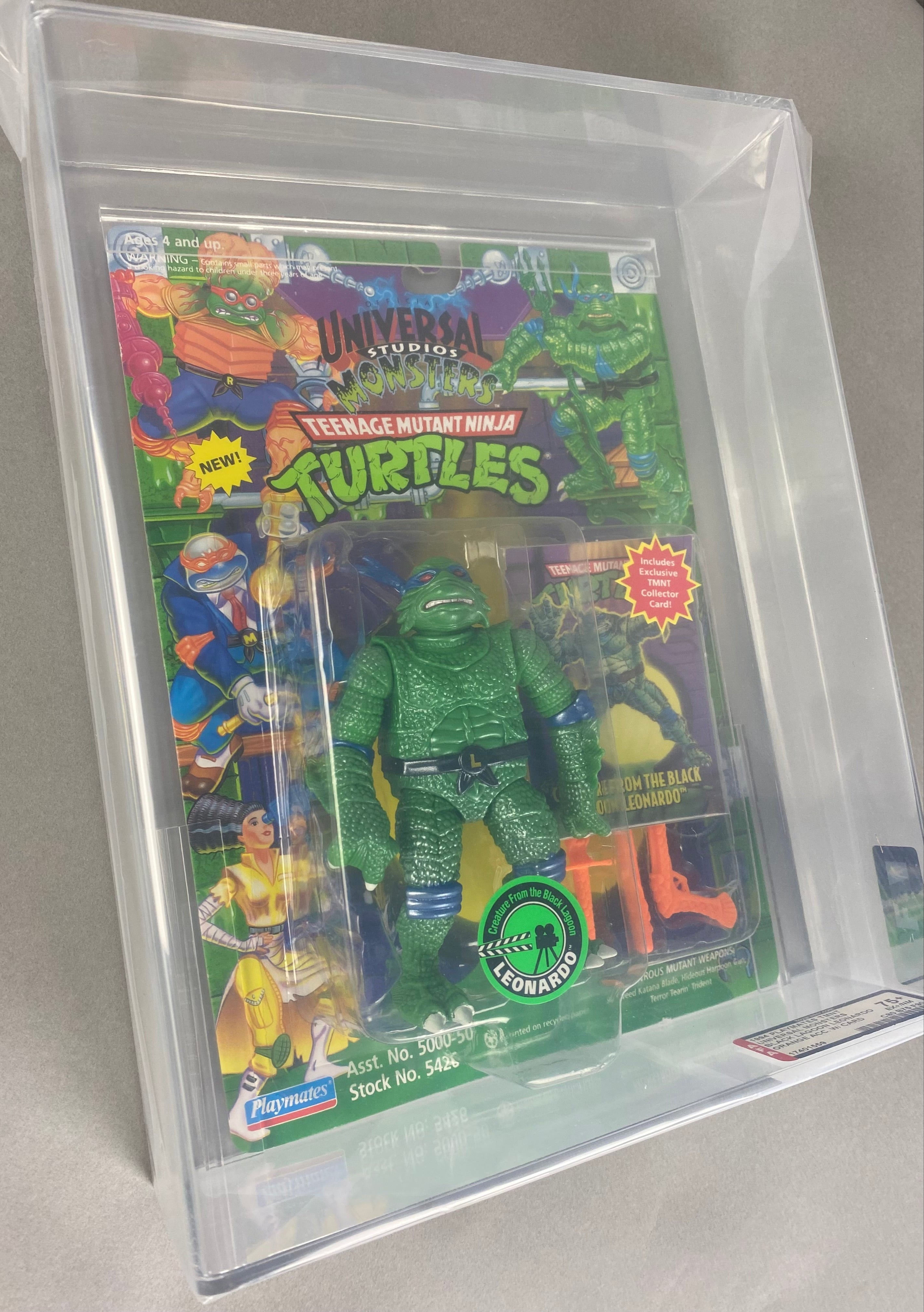 A graded Teenage Mutant Ninja Turtles action figure. Leonardo as Universal Monsters Creature From the Black Lagoon AFA 75+. Front facing.