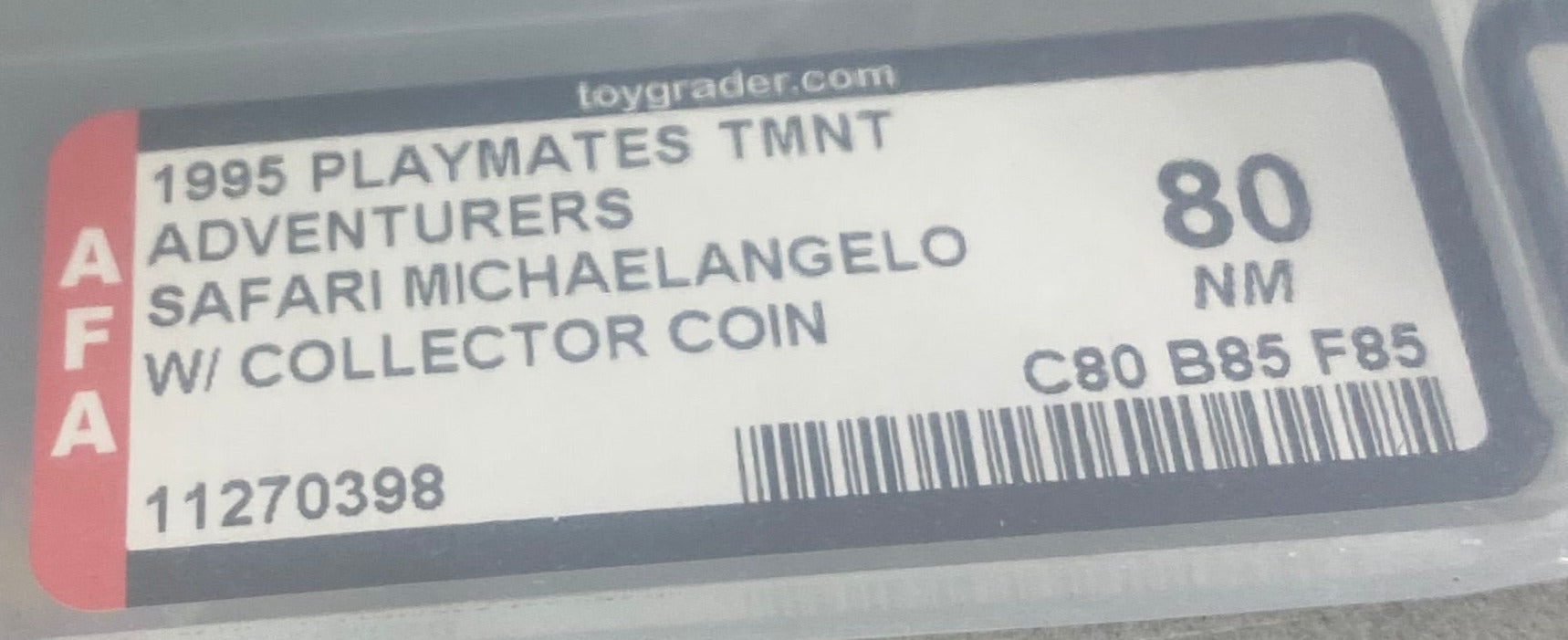 Teenage Mutant Ninja Turtles Safari Michaelangelo Adventurers boxed figure AFA graded 80. Label photo close-up.