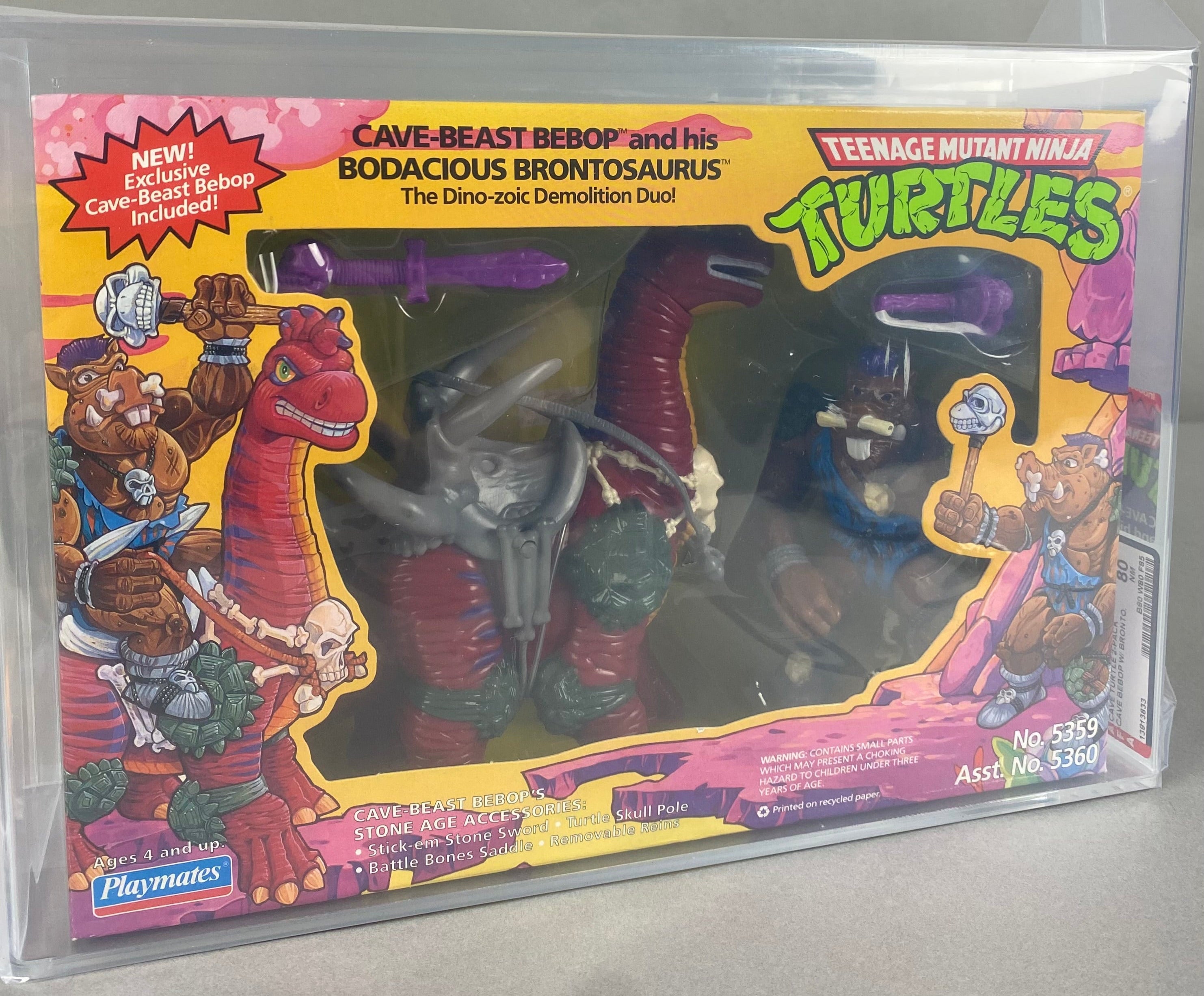 Teenage Mutant Ninja Turtles Cave-Beast Bebop and his Bodacious Brontosaurus Boxed Figure graded AFA 80. Front photo.