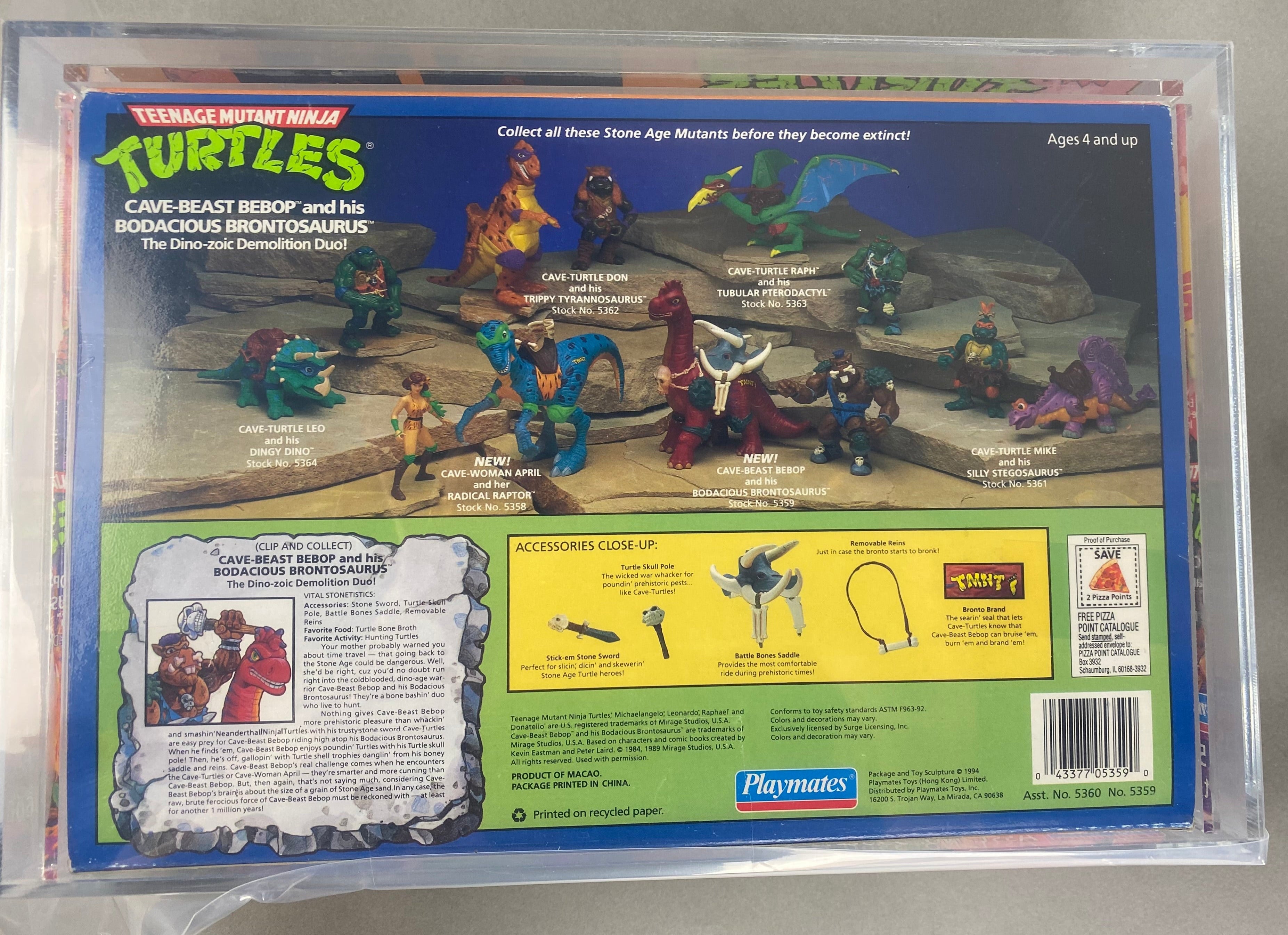 Teenage Mutant Ninja Turtles Cave-Beast Bebop and his Bodacious Brontosaurus Boxed Figure graded AFA 80+.  Back photo.