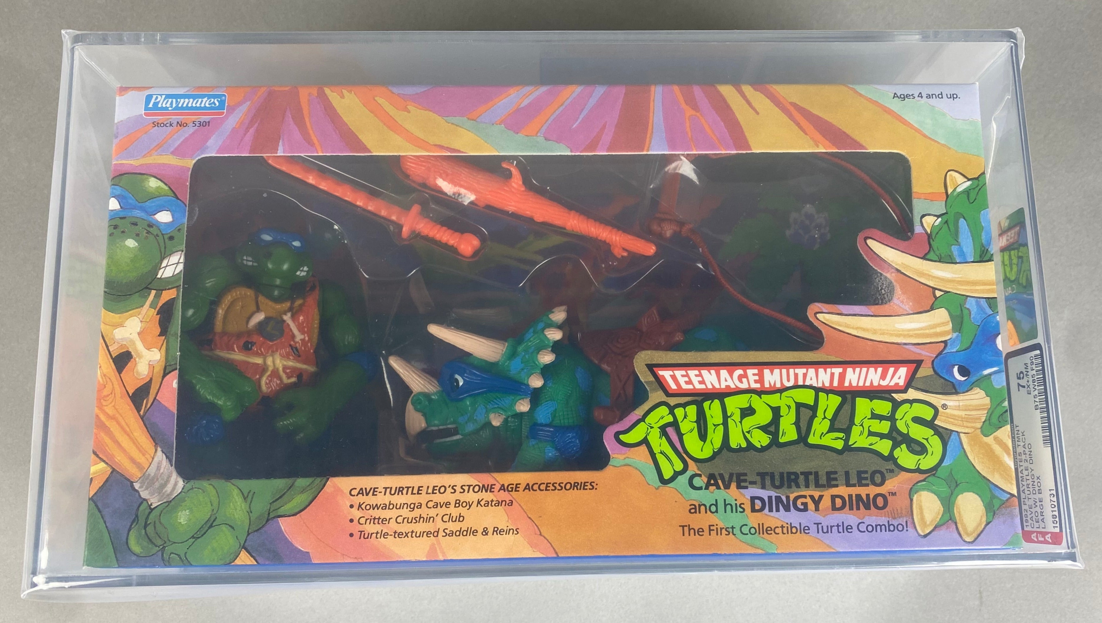 Teenage Mutant Ninja Turtles Cave Turtle Leo and Dingy Dingo Boxed Figure graded AFA 75. Front photo.
