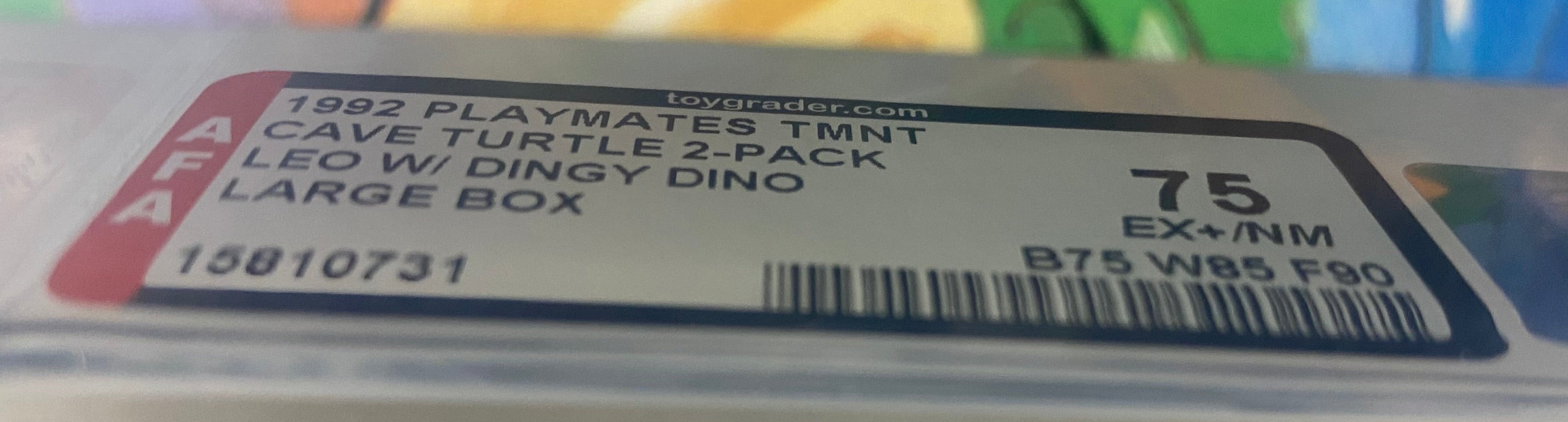 Teenage Mutant Ninja Turtles Cave Turtle Leo and Dingy Dingo Boxed Figure graded AFA 75. Grade label photo close-up.