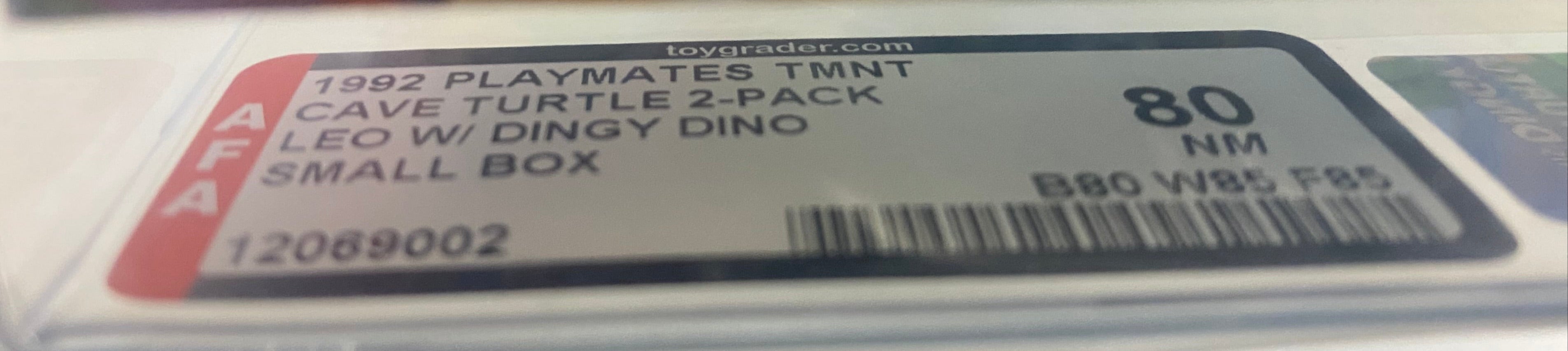 Teenage Mutant Ninja Turtles Cave Turtle Leo and Dingy Dingo Boxed Figure graded AFA 80. Label photo close-up.
