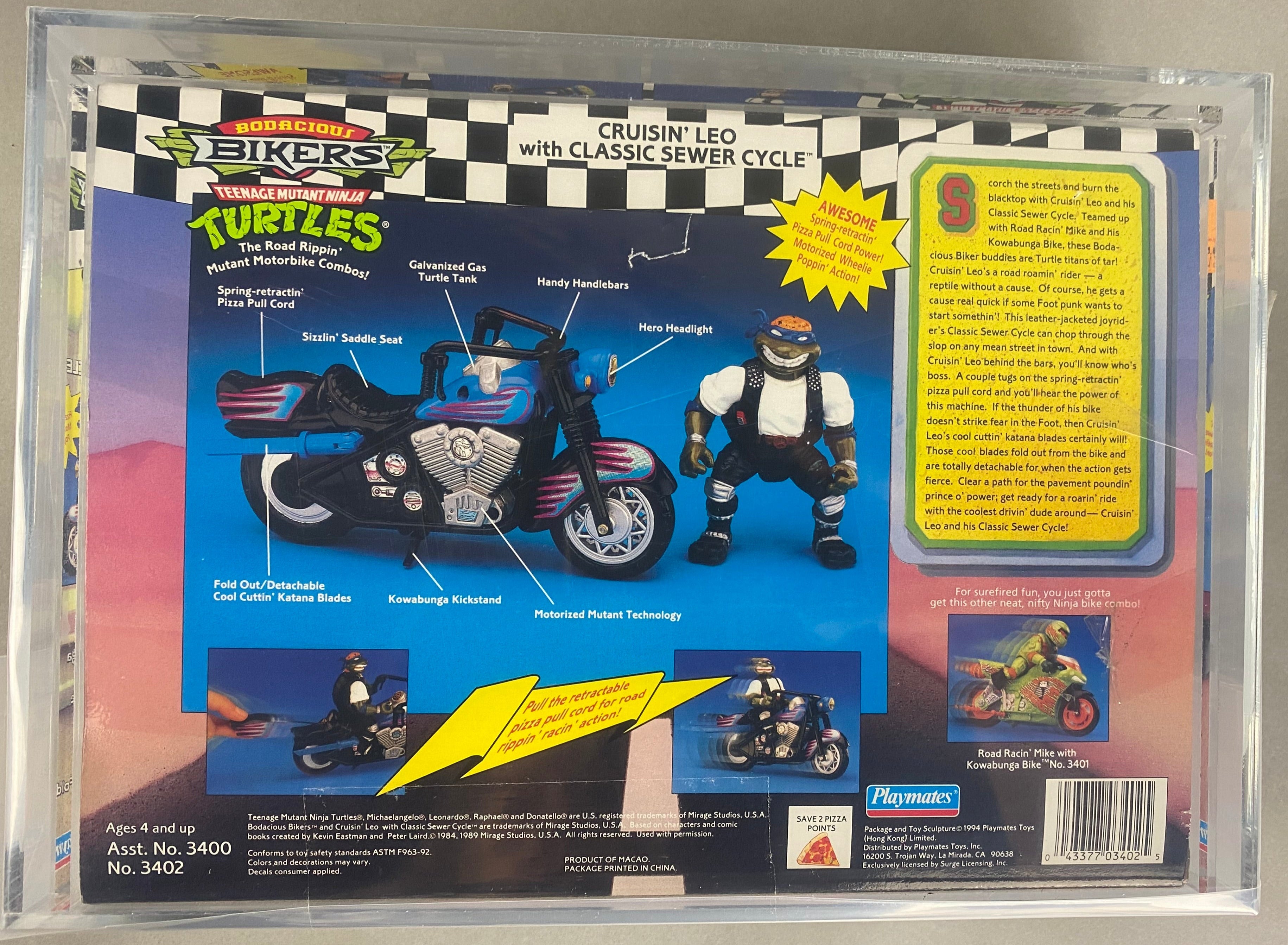 Teenage Mutant Ninja Turtles Cruisin' Leo with Classic Sewer Cycle boxed figure AFA graded 85. Back photo.