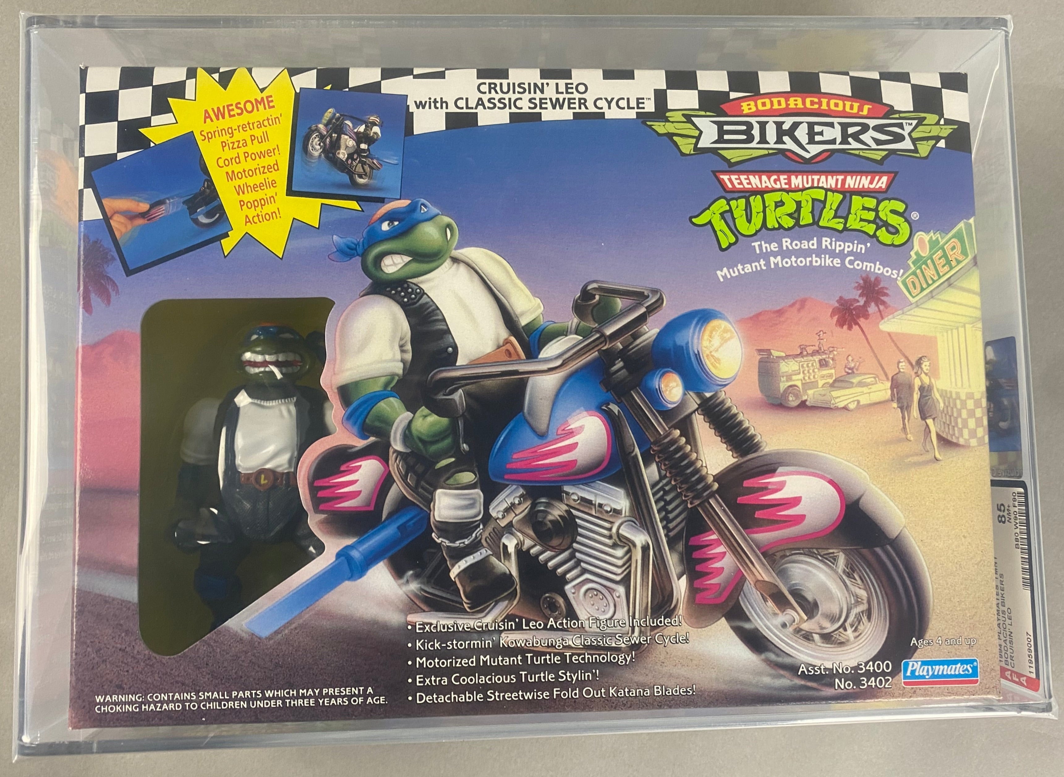 Teenage Mutant Ninja Turtles Cruisin' Leo with Classic Sewer Cycle boxed figure AFA graded 85.  Front photo.