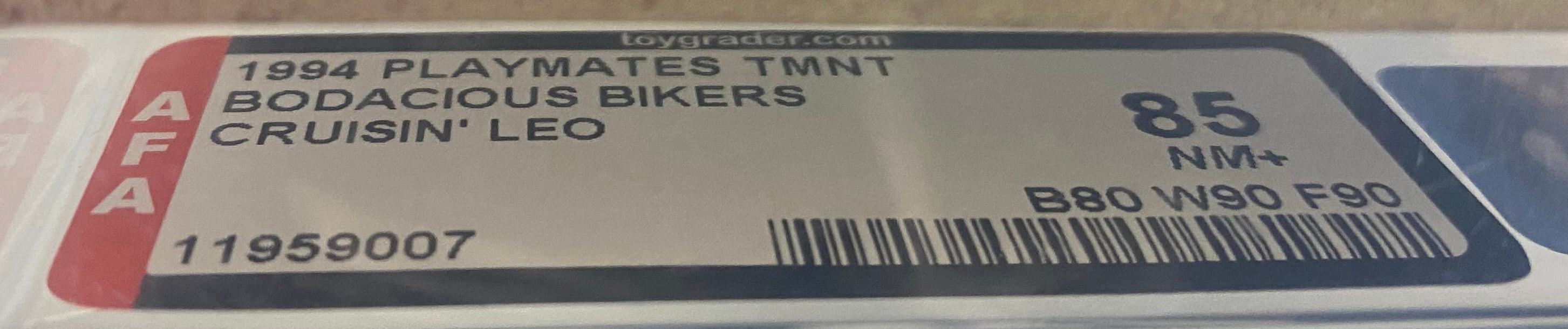 Teenage Mutant Ninja Turtles Cruisin' Leo with Classic Sewer Cycle boxed figure AFA graded 85. Label photo close-up.