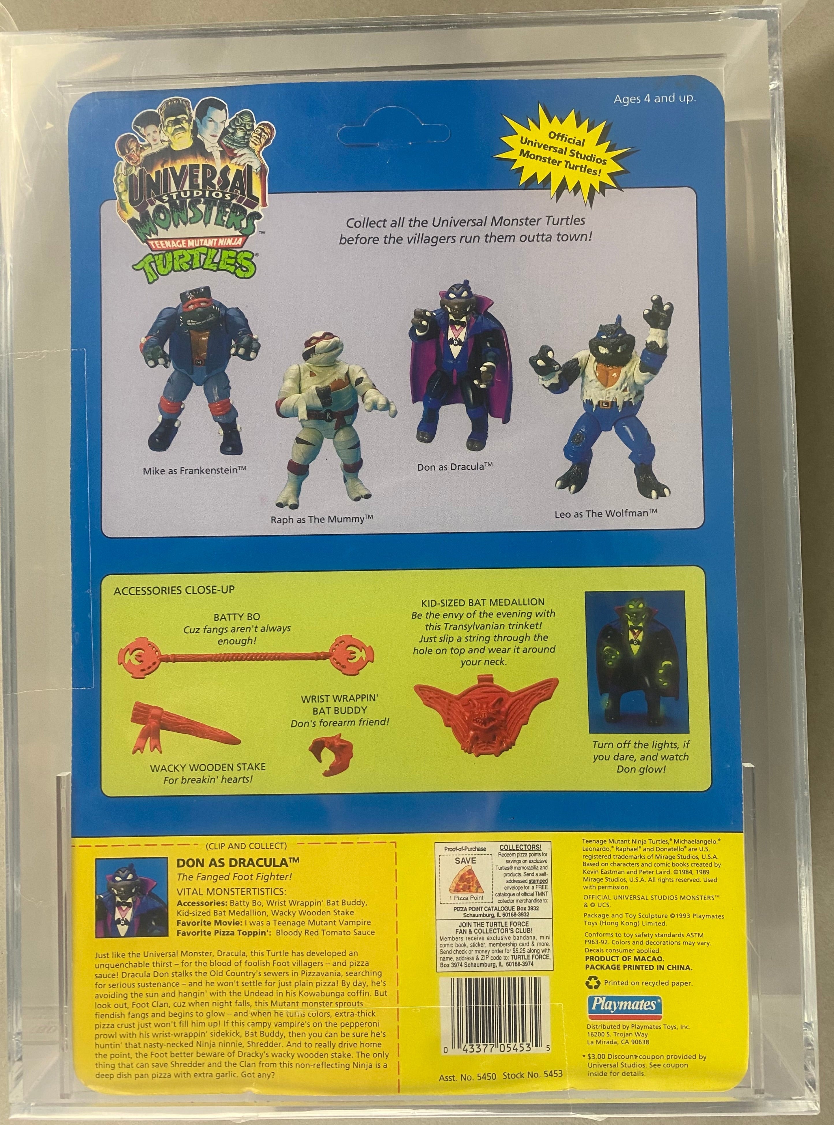 Teenage Mutant Ninja Turtles Don as Dracula Universal Studios Monsters boxed figure AFA graded 85.  Back photo.