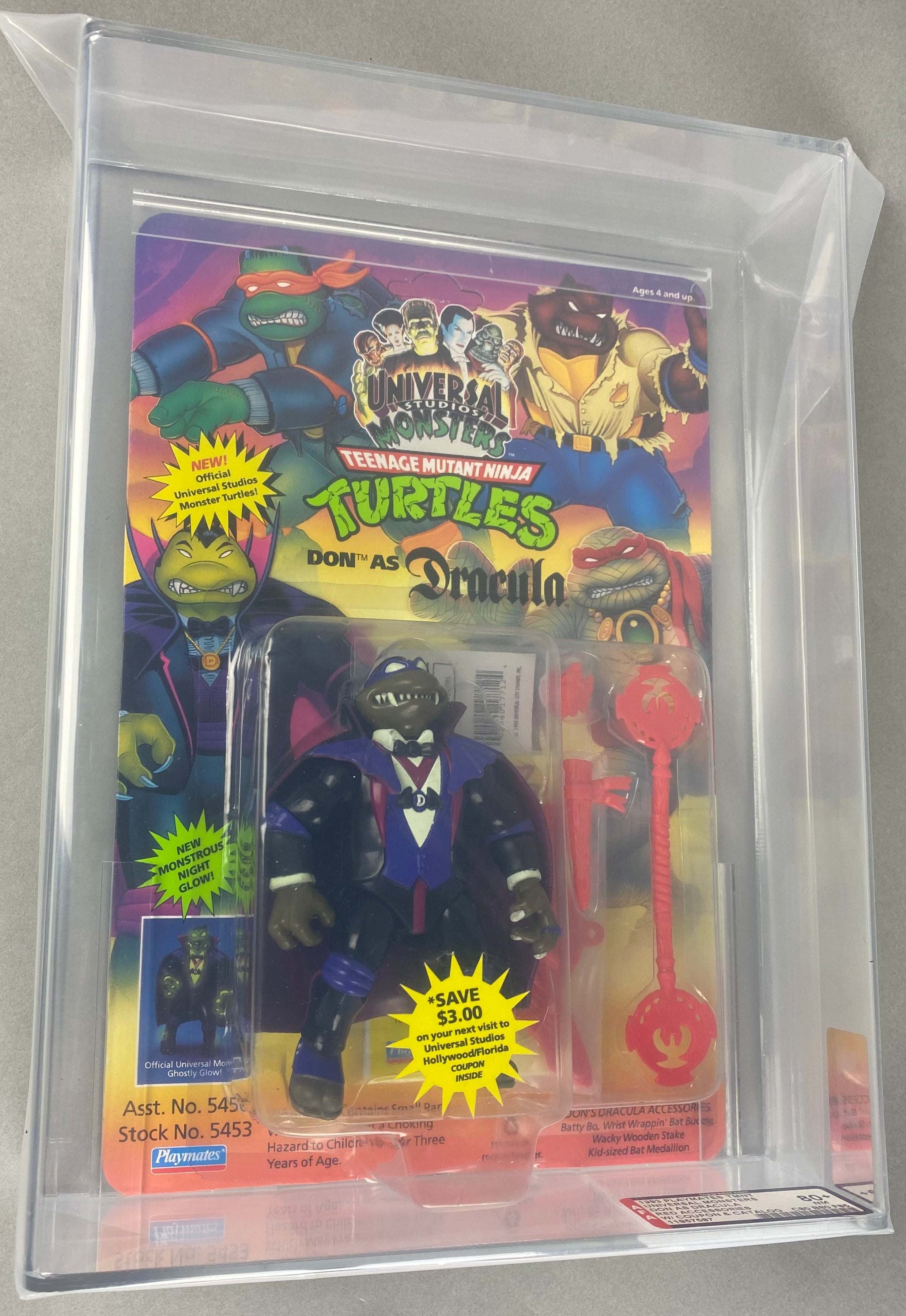Teenage Mutant Ninja Turtles Don as Dracula Universal Studios Monsters boxed figure AFA graded 85. Front photo.
