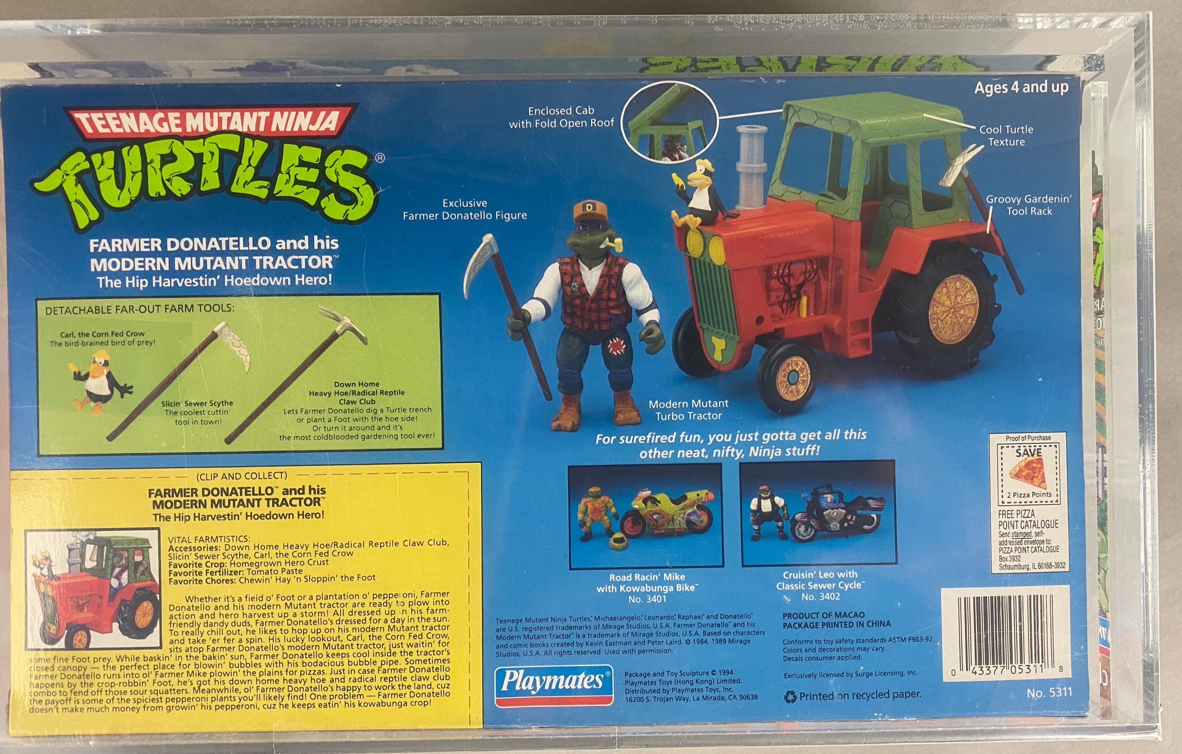 Teenage Mutant Ninja Turtles Farmer Donatello and his Modern Mutant Tractor boxed figure AFA graded 80.  Back photo.