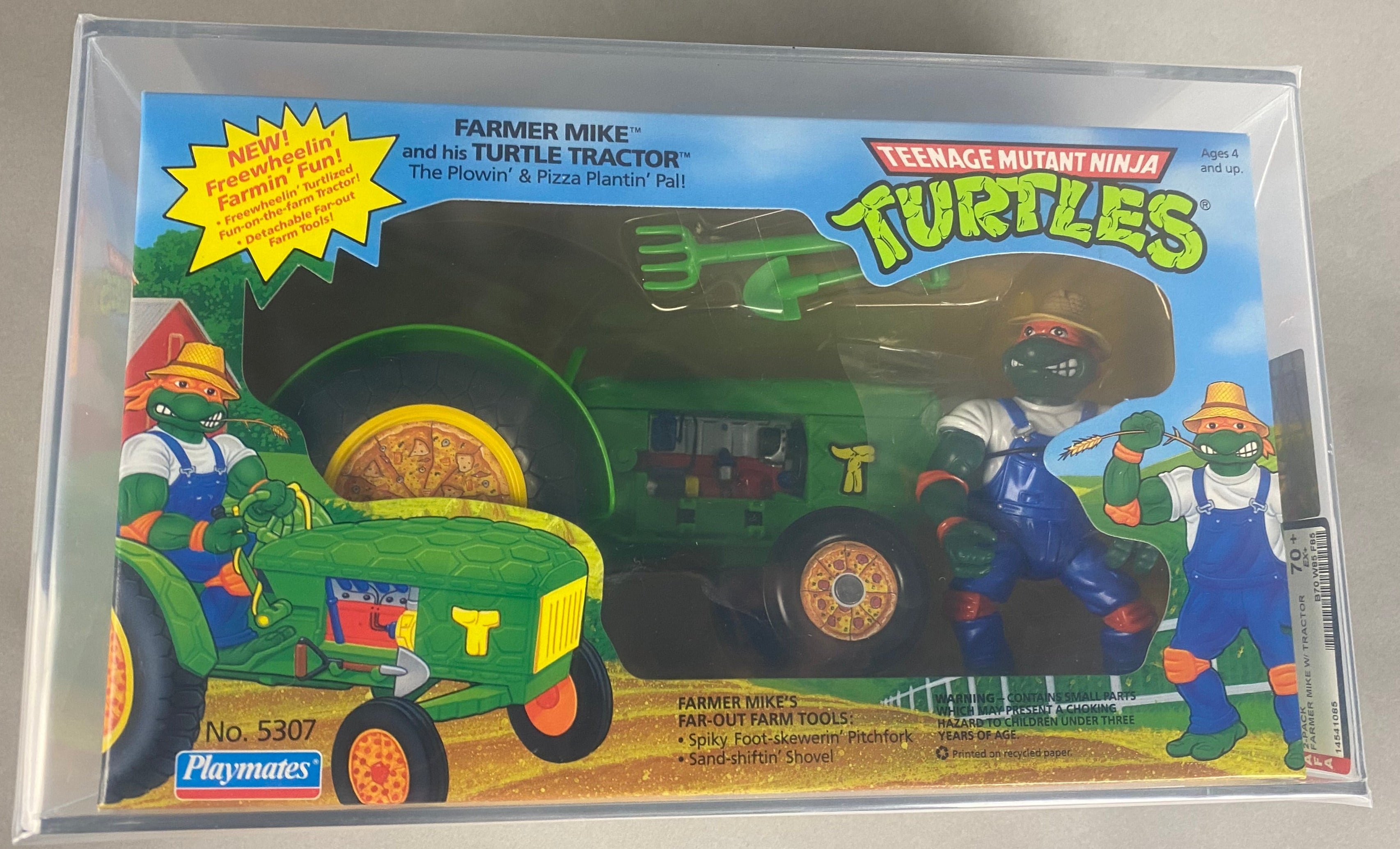 Teenage Mutant Ninja Turtles Farmer Mike and his Turtle Tractor boxed figure AFA graded 70+. Front photo.