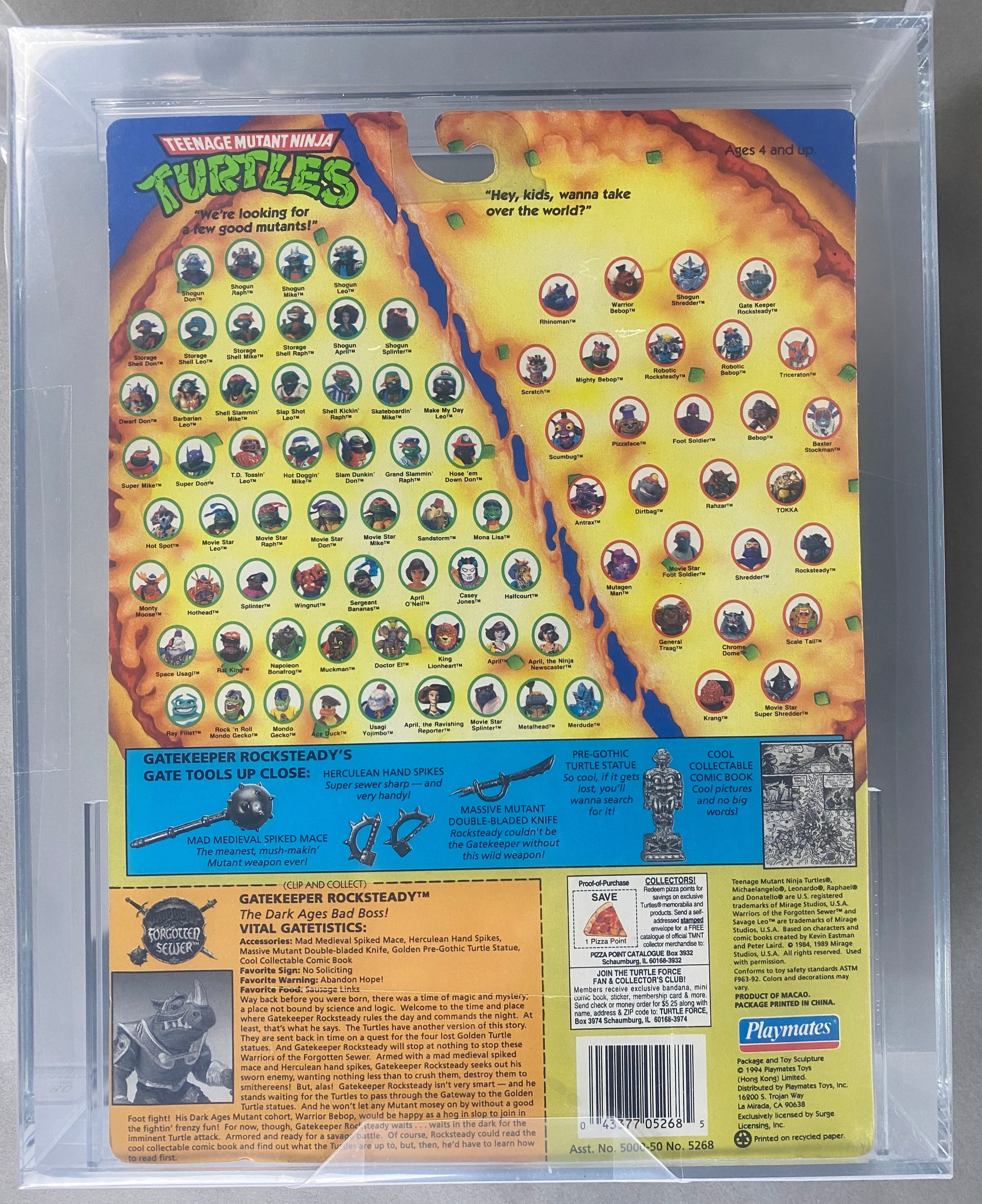 Teenage Mutant Ninja Turtles Gatekeeper Rock Steady Purple Weapons boxed figure AFA graded 80. Back photo.