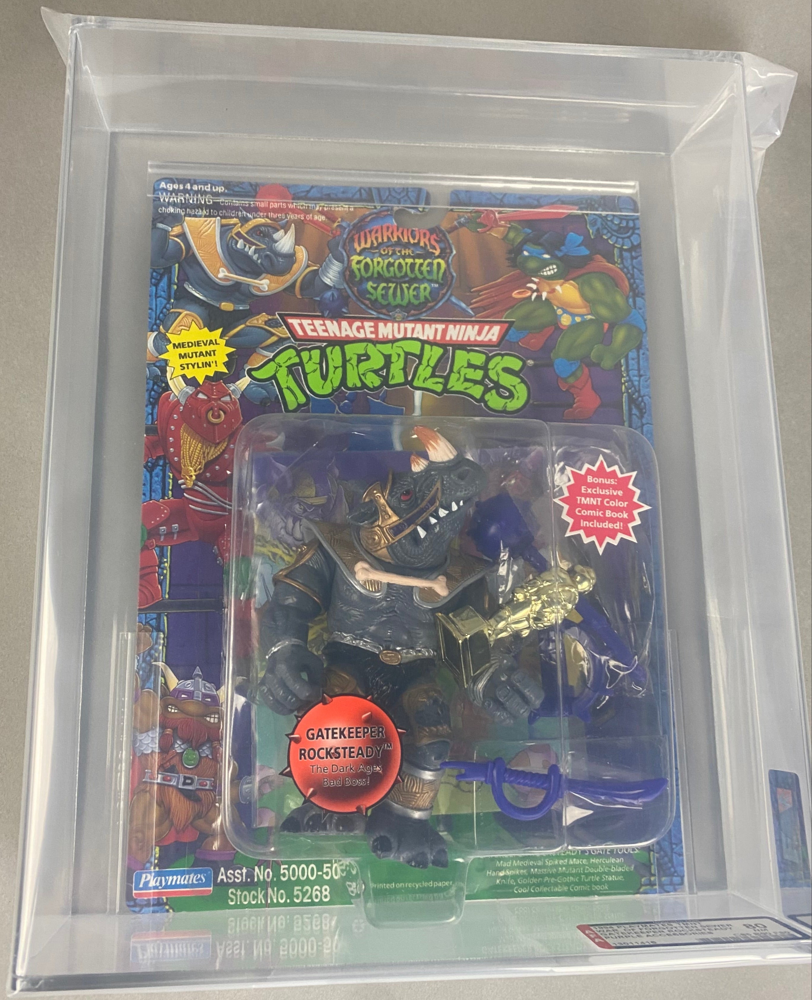 Teenage Mutant Ninja Turtles Gatekeeper Rock Steady Purple Weapons boxed figure AFA graded 80.  Front photo.