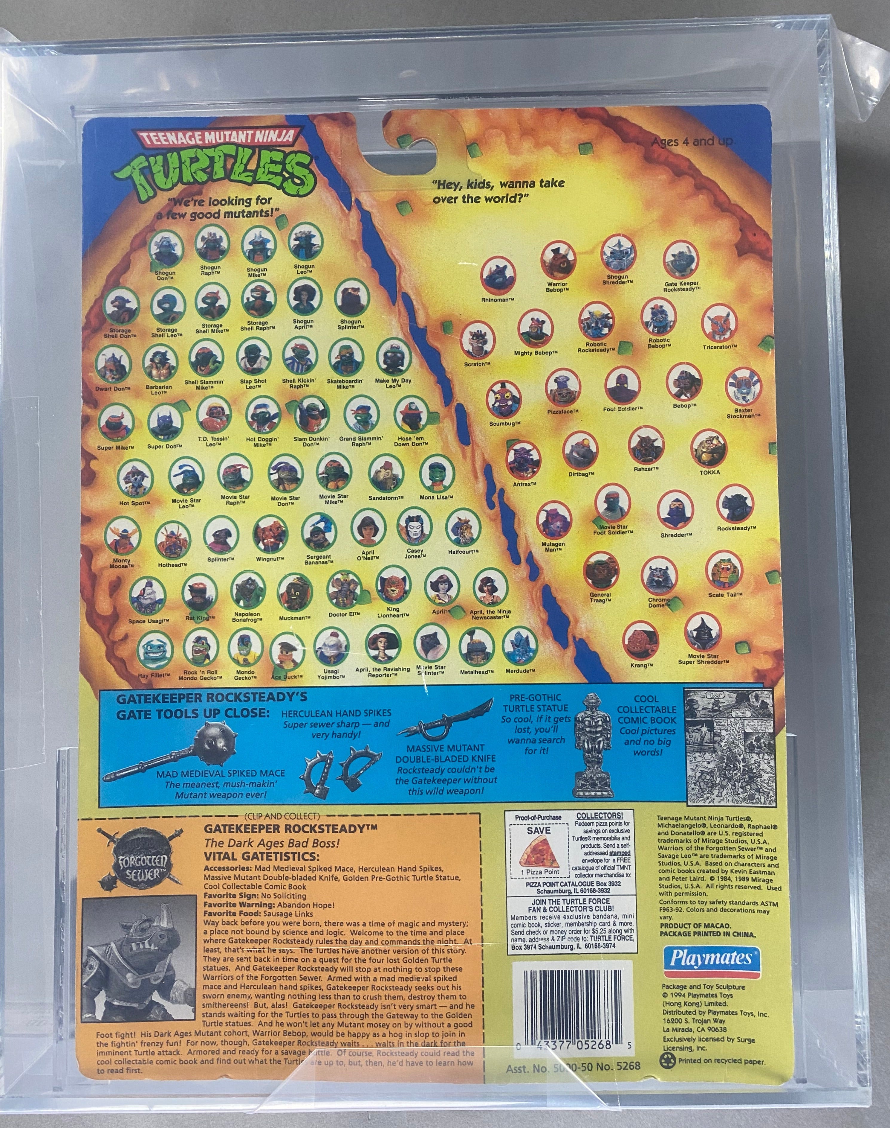 Teenage Mutant Ninja Turtles Gatekeeper Rock Steady Silver Weapons boxed figure AFA graded 80+. Back photo.