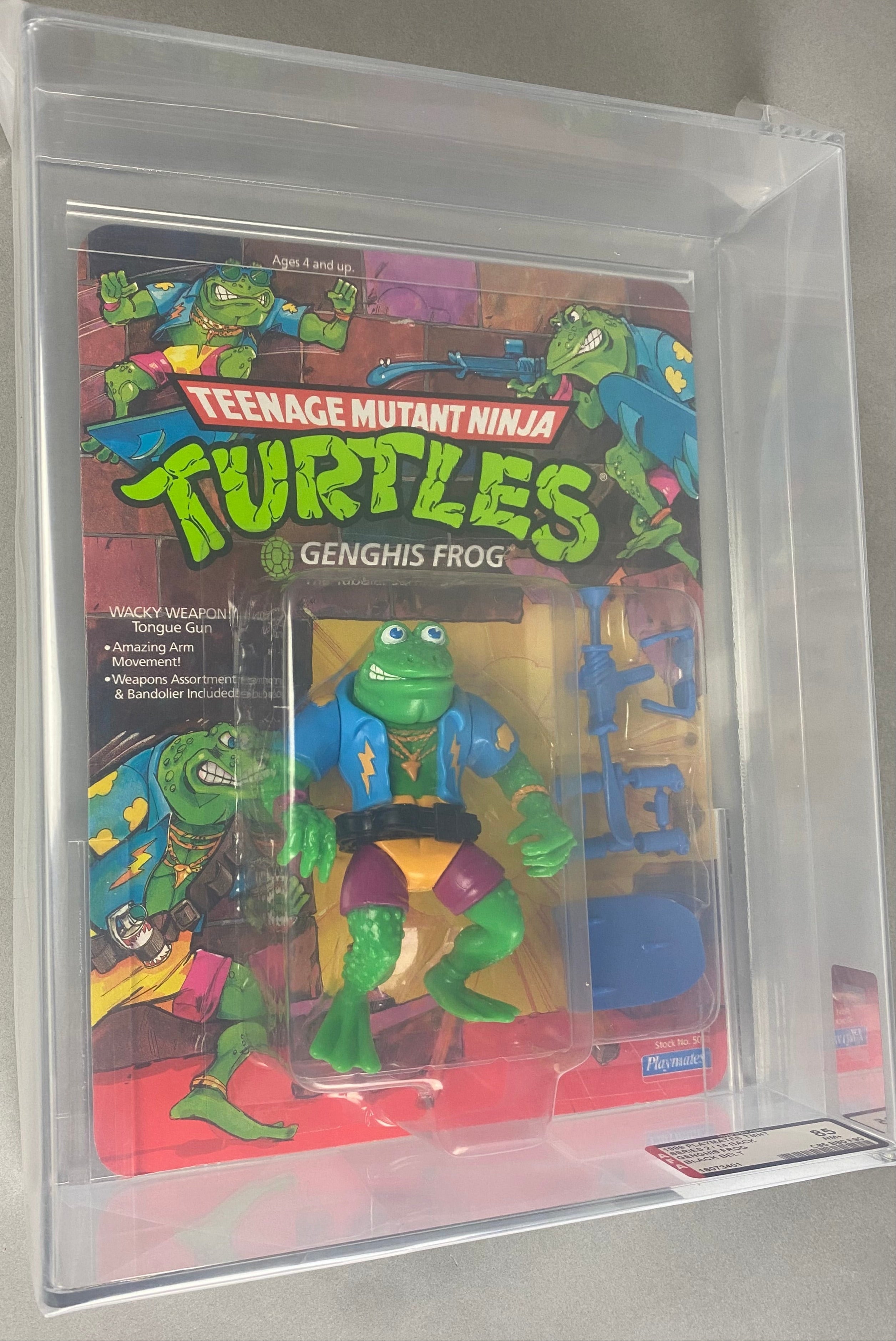 Teenage Mutant Ninja Turtles Genghis Frog boxed figure AFA graded 80. Front photo.