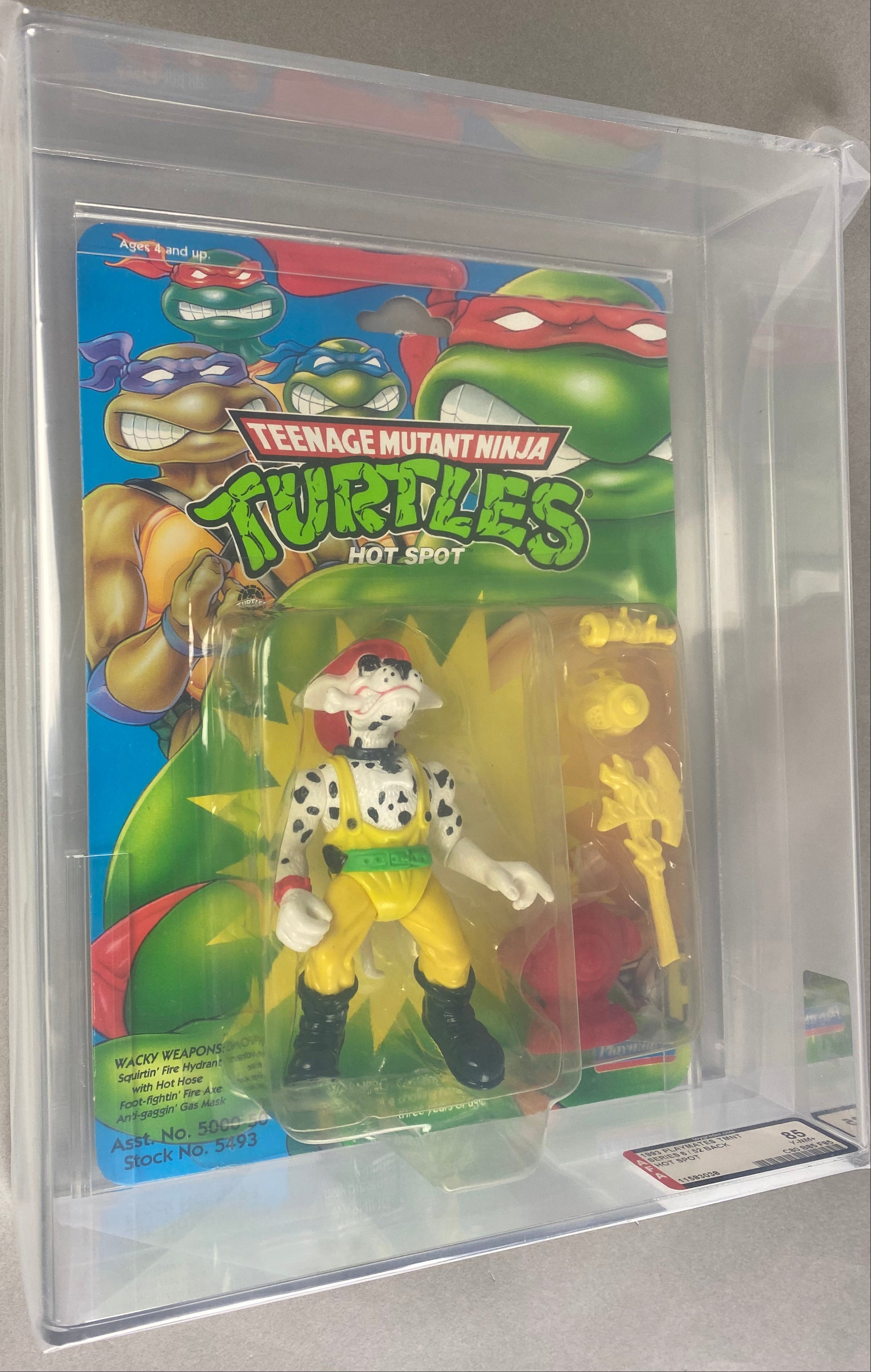 Teenage Mutant Ninja Turtles Hot Spot dalmatian boxed figure AFA graded Y85. Front photo.