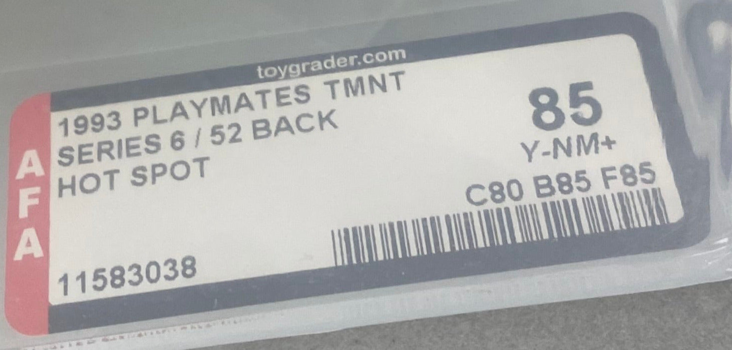 Teenage Mutant Ninja Turtles Hot Spot dalmatian boxed figure AFA graded Y85. Label photo close-up.