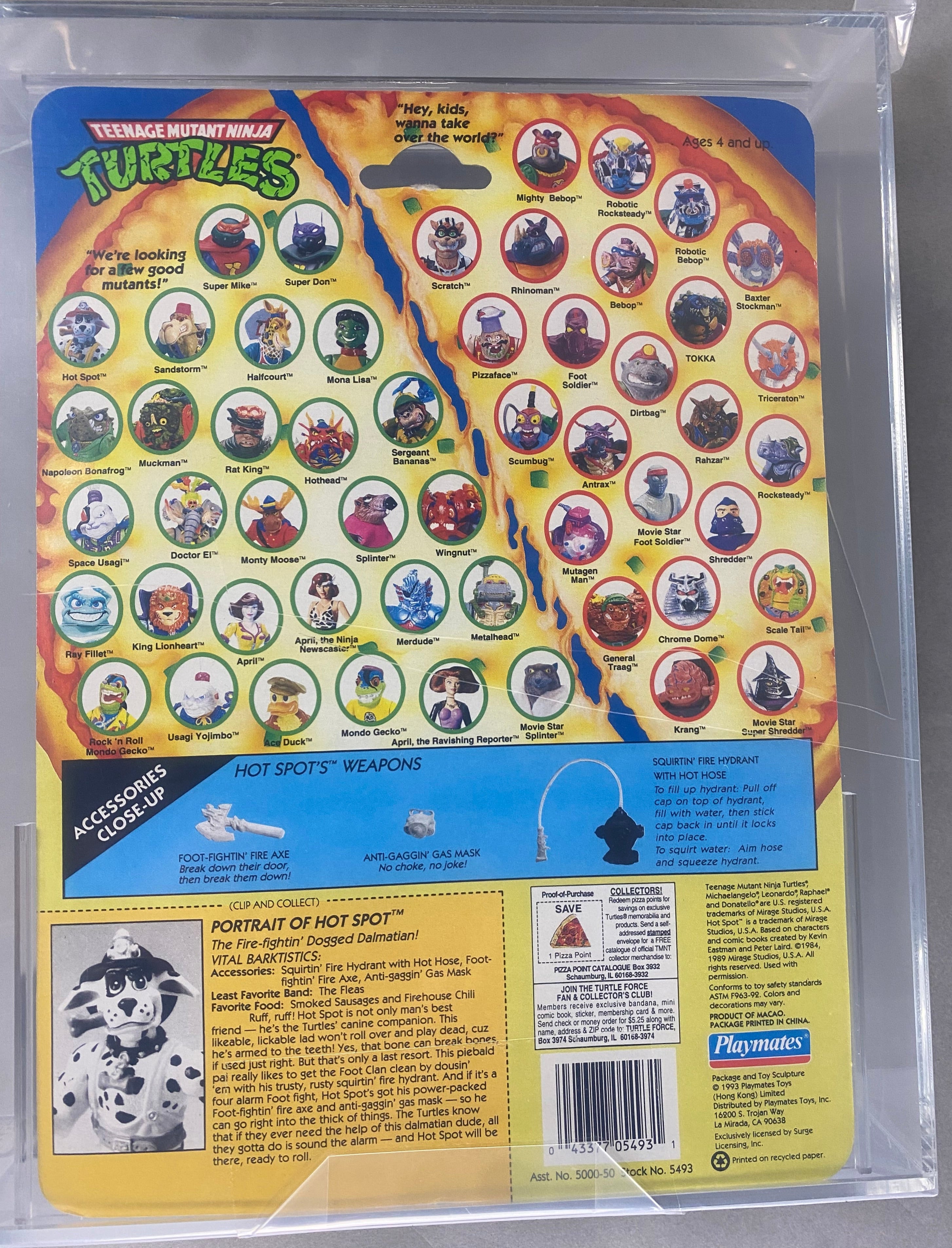 Teenage Mutant Ninja Turtles Hot Spot dalmatian boxed figure AFA graded Y85.  Back photo.