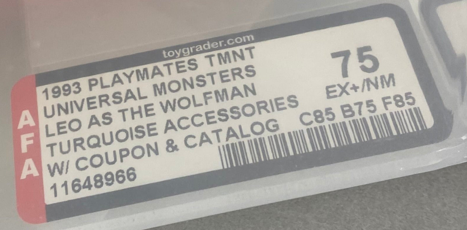 Teenage Mutant Ninja Turtles Leo Wolfman Universal Studios Monster boxed figure AFA graded 80. Label photo close-up.