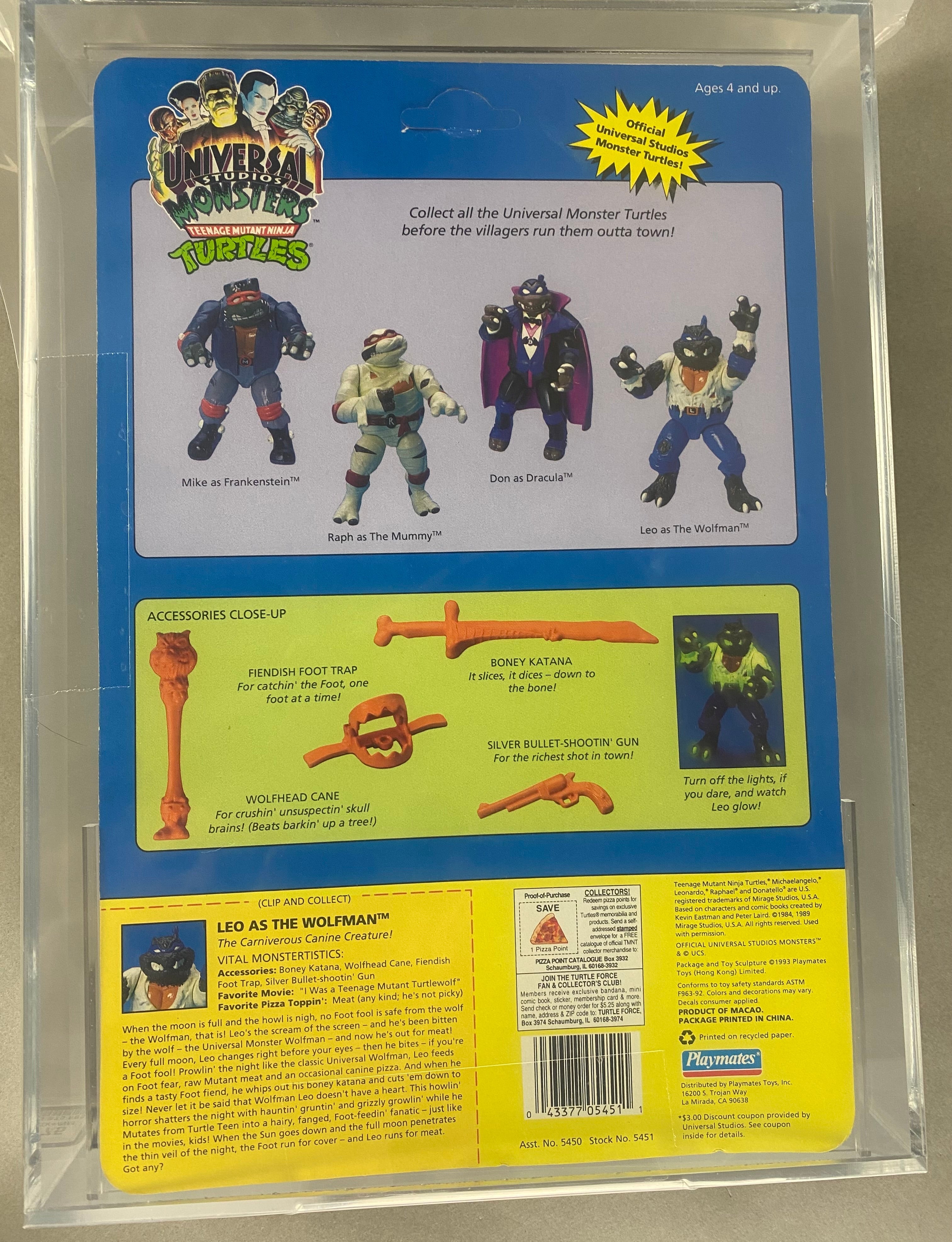 Teenage Mutant Ninja Turtles Leo Wolfman Universal Studios Monster boxed figure AFA graded 80. Back photo.