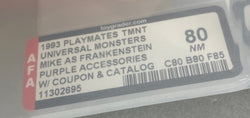 Teenage Mutant Ninja Turtles Mike as Frankenstein Universal Studios Monster boxed figure AFA graded 80. Label photo close-up.