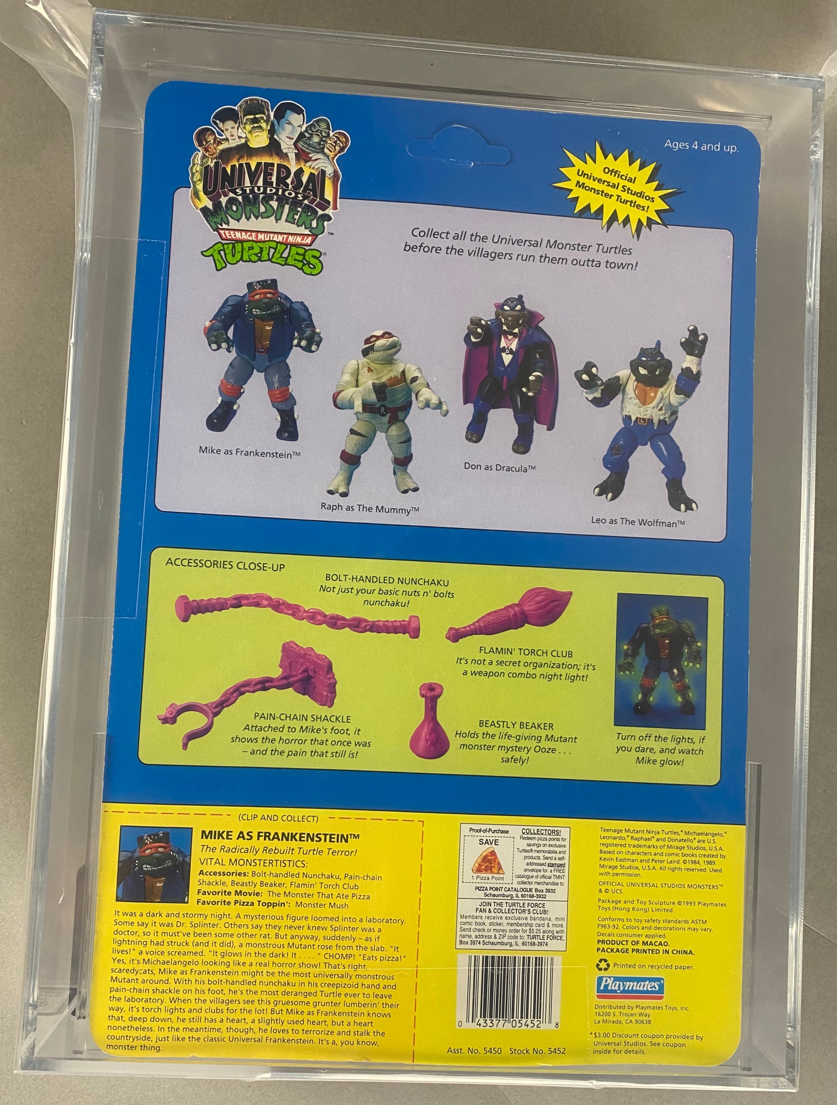 Teenage Mutant Ninja Turtles Mike as Frankenstein Universal Studios Monster boxed figure AFA graded 80. Back photo.