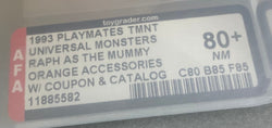 Teenage Mutant Ninja Turtles Raph as The Mummy Universal Studios Monster boxed figure AFA graded 80+. Label photo close-up.