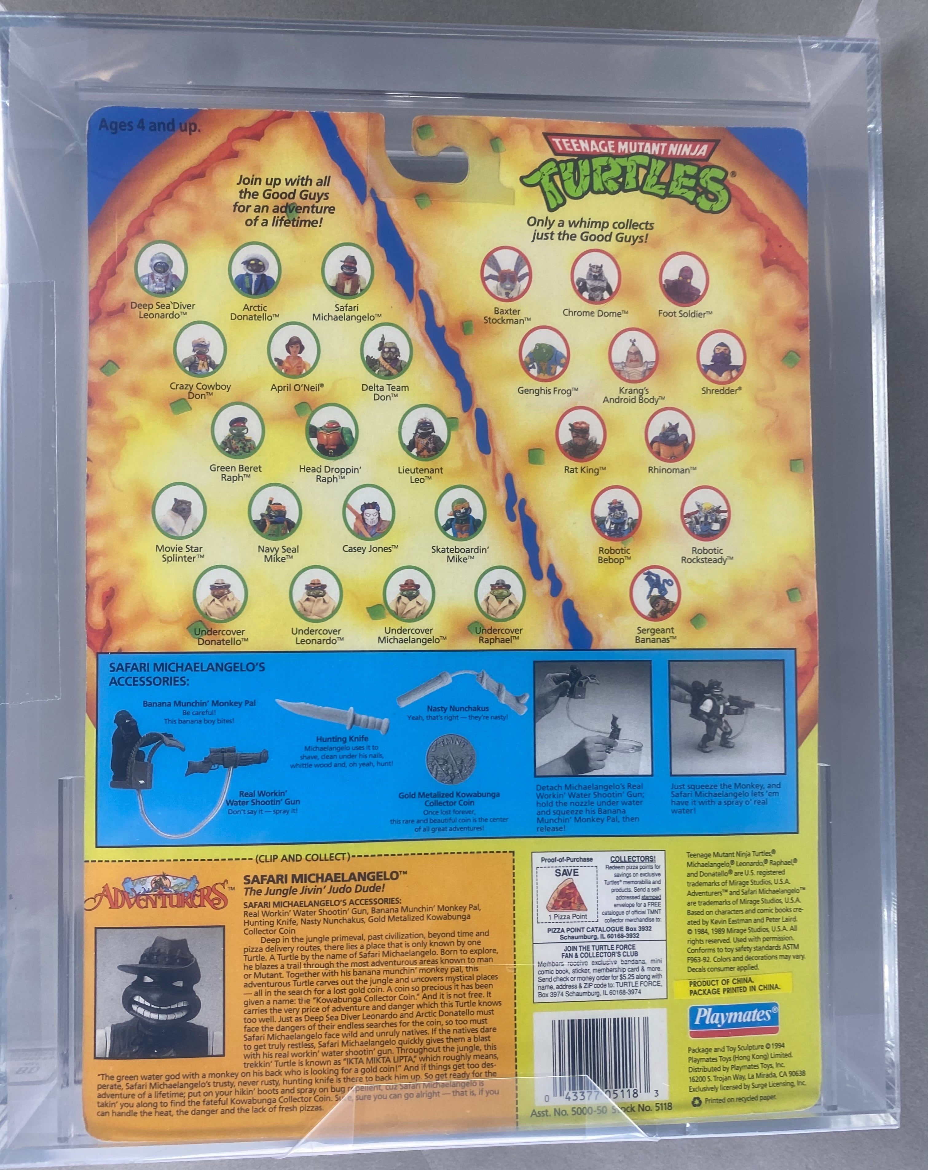 Teenage Mutant Ninja Turtles Safari Michaelangelo Adventurers boxed figure AFA graded 80.  Back photo.