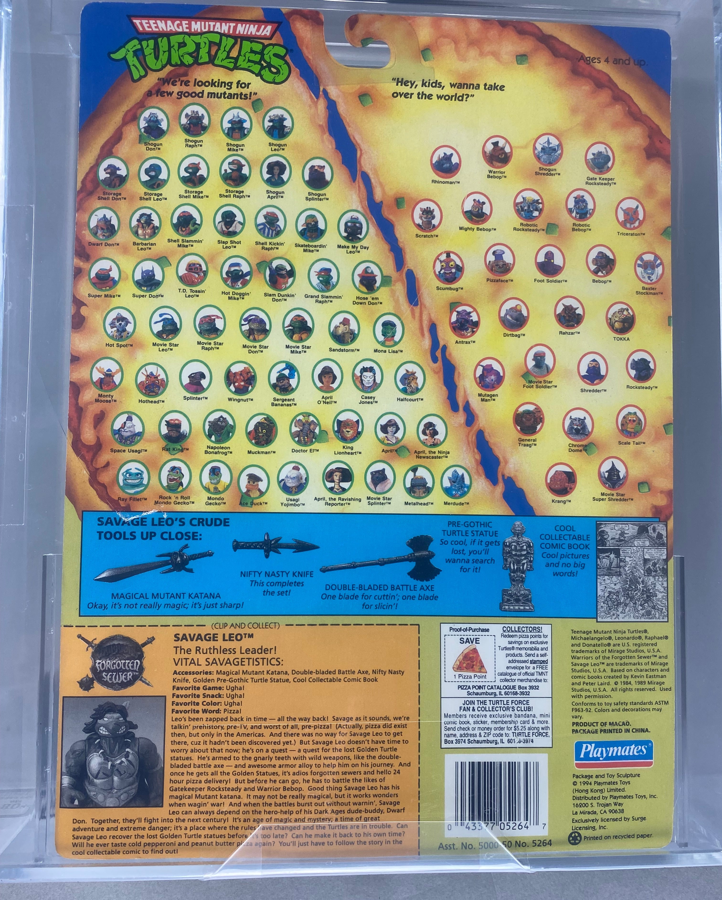 Teenage Mutant Ninja Turtles Savage Leo boxed figure AFA graded 80+.  Back photo.